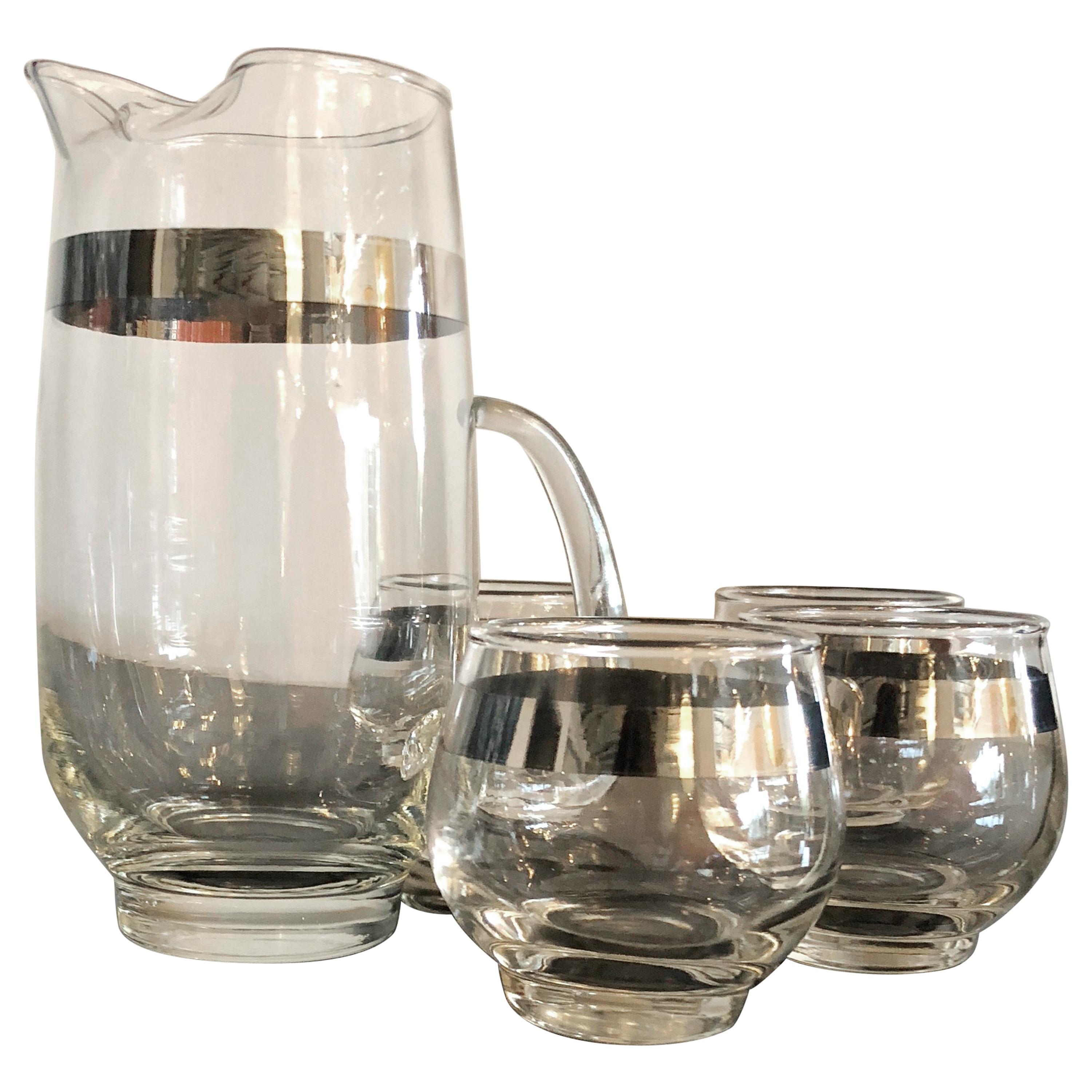 Dorothy Thorpe Silver Overlay Band Martini Pitcher & S/4 "Roly -Poly" Glasses For Sale