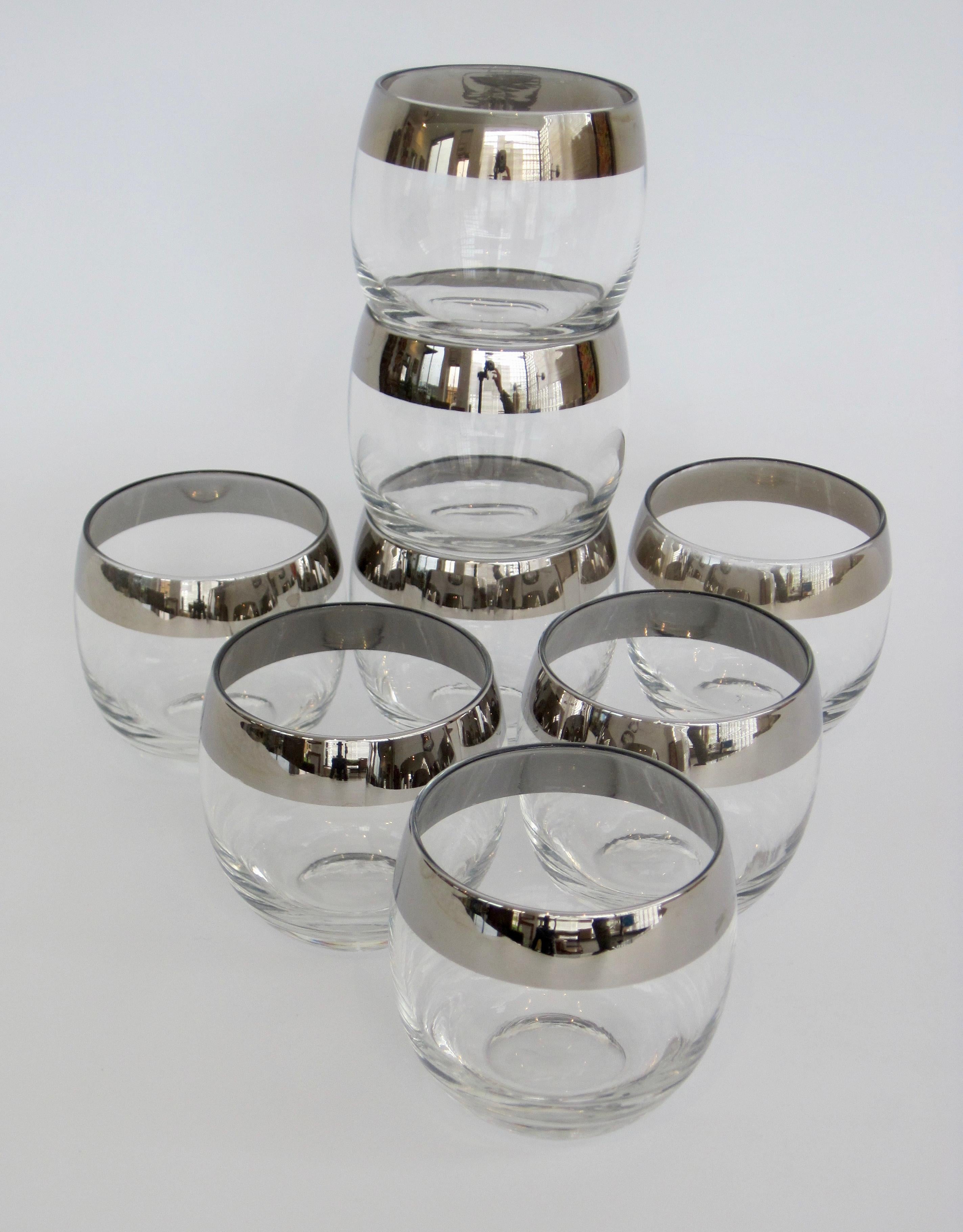 Mid-Century Modern Dorothy Thorpe Silver Roly Poly Rocks Cocktail Glasses, Set of Eight