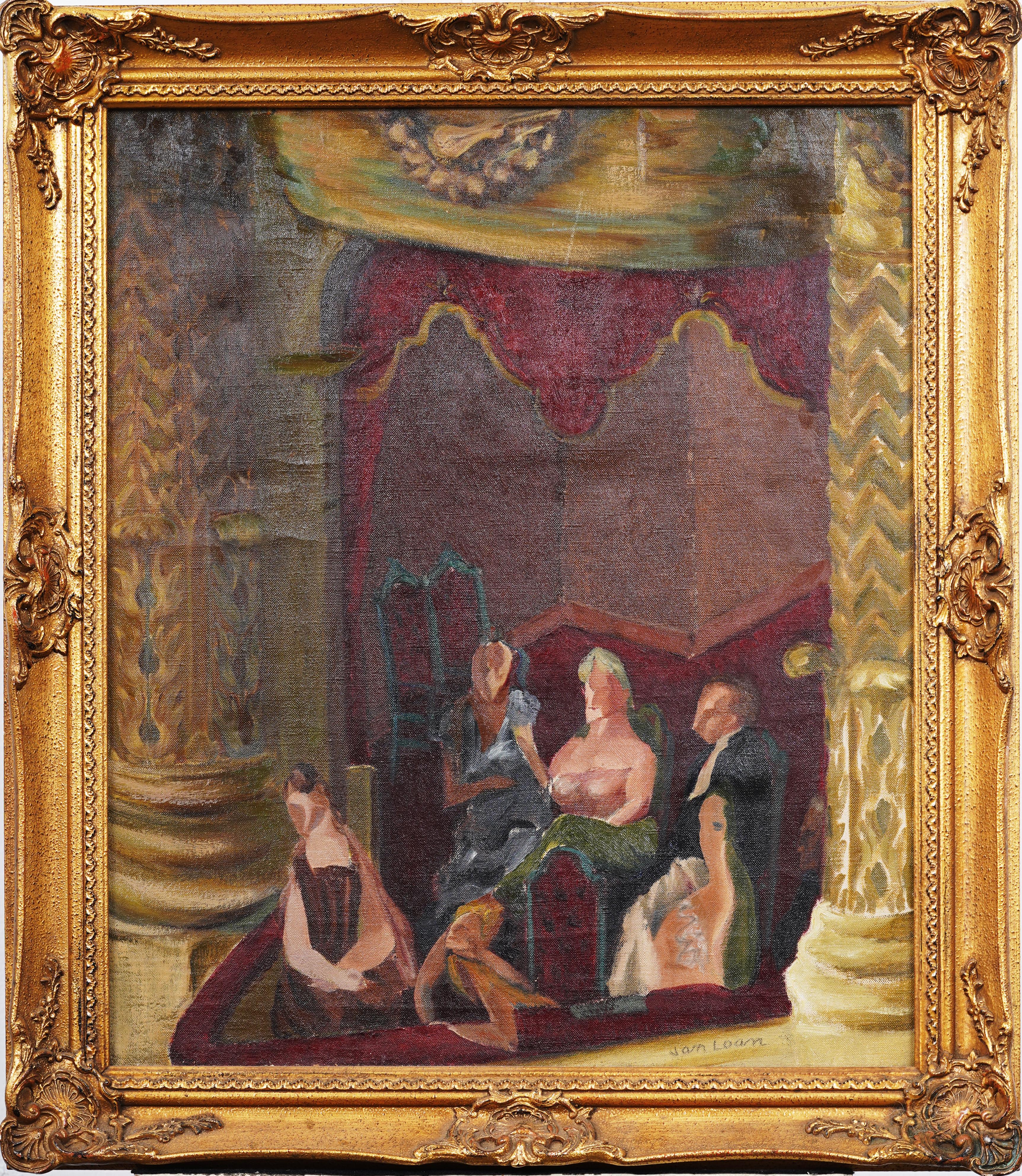 Pintura al óleo enmarcada Cubista Modernista Americana Interior del Palco de la Ópera - Painting de Dorothy Van Loan 