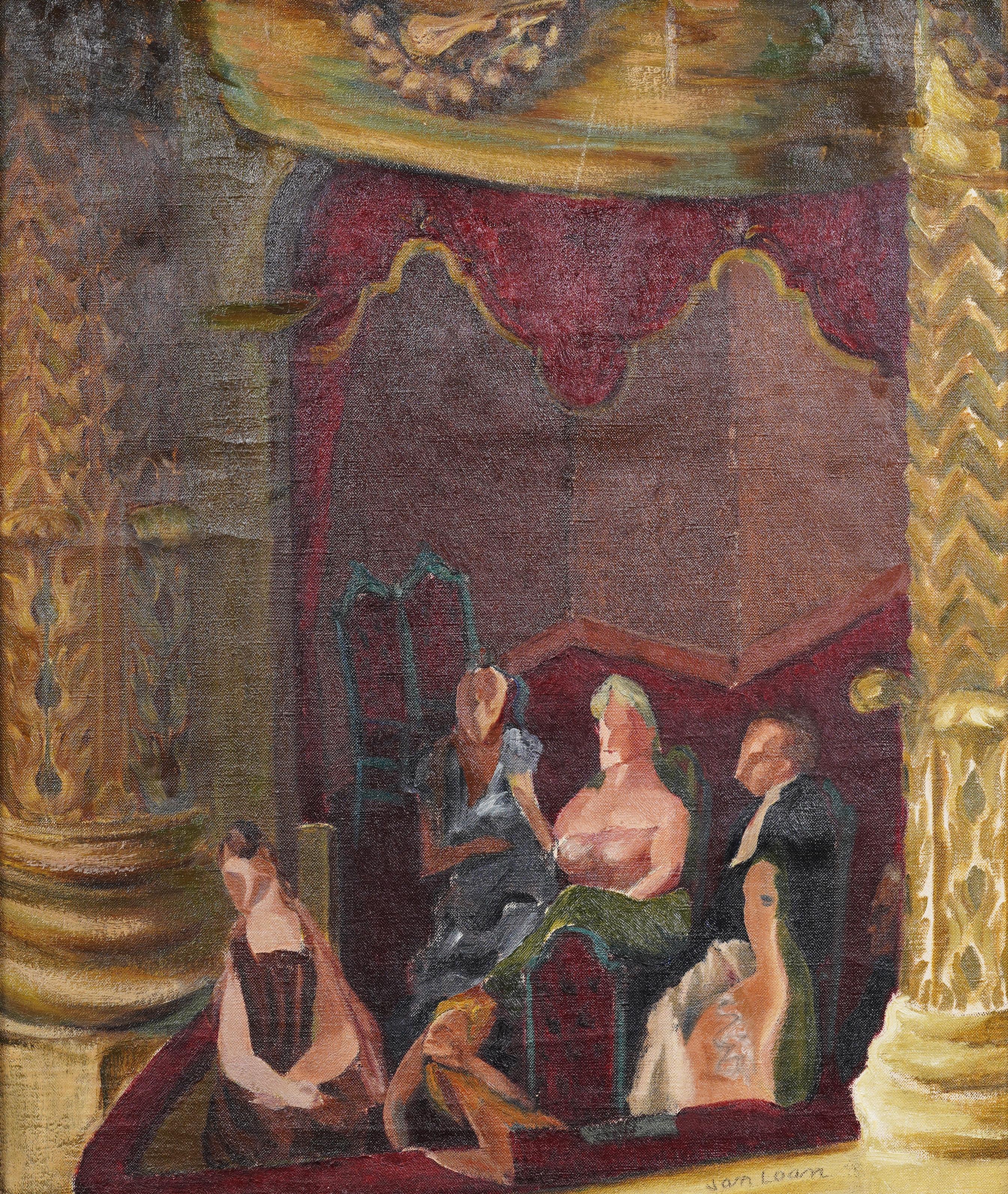 Pintura al óleo enmarcada Cubista Modernista Americana Interior del Palco de la Ópera - Interior Painting Marrón de Dorothy Van Loan 