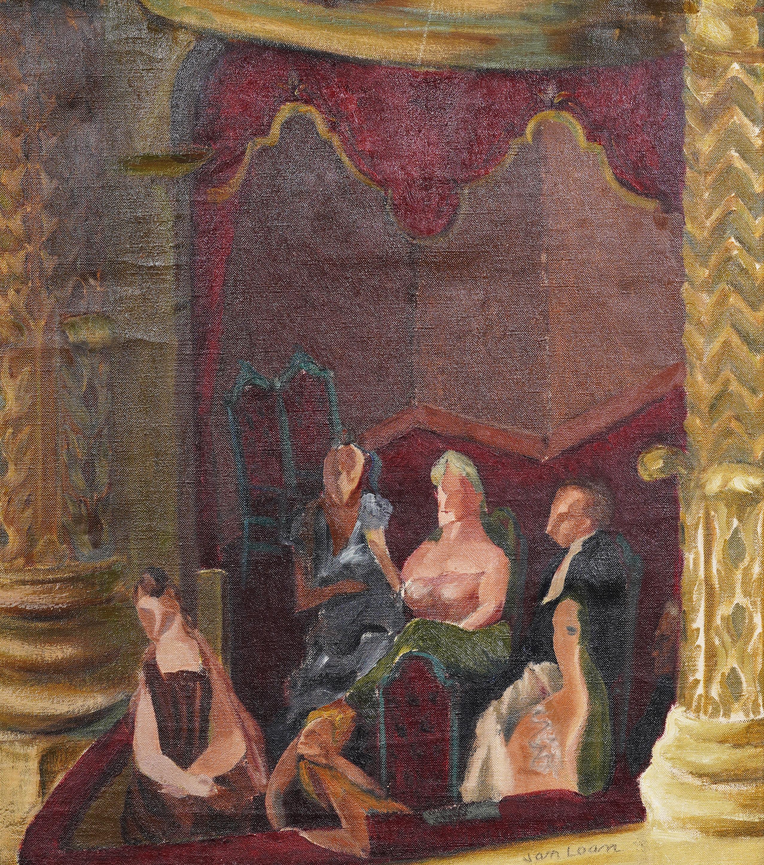 Impresionante óleo al óleo de Dorothy Van Loan (1904 - 1999) sobre una vista interior de ópera de principios del modernismo estadounidense.  Enmarcado.  Óleo sobre lienzo.  Firmado.  Tamaño de la imagen, 25H por 20L.