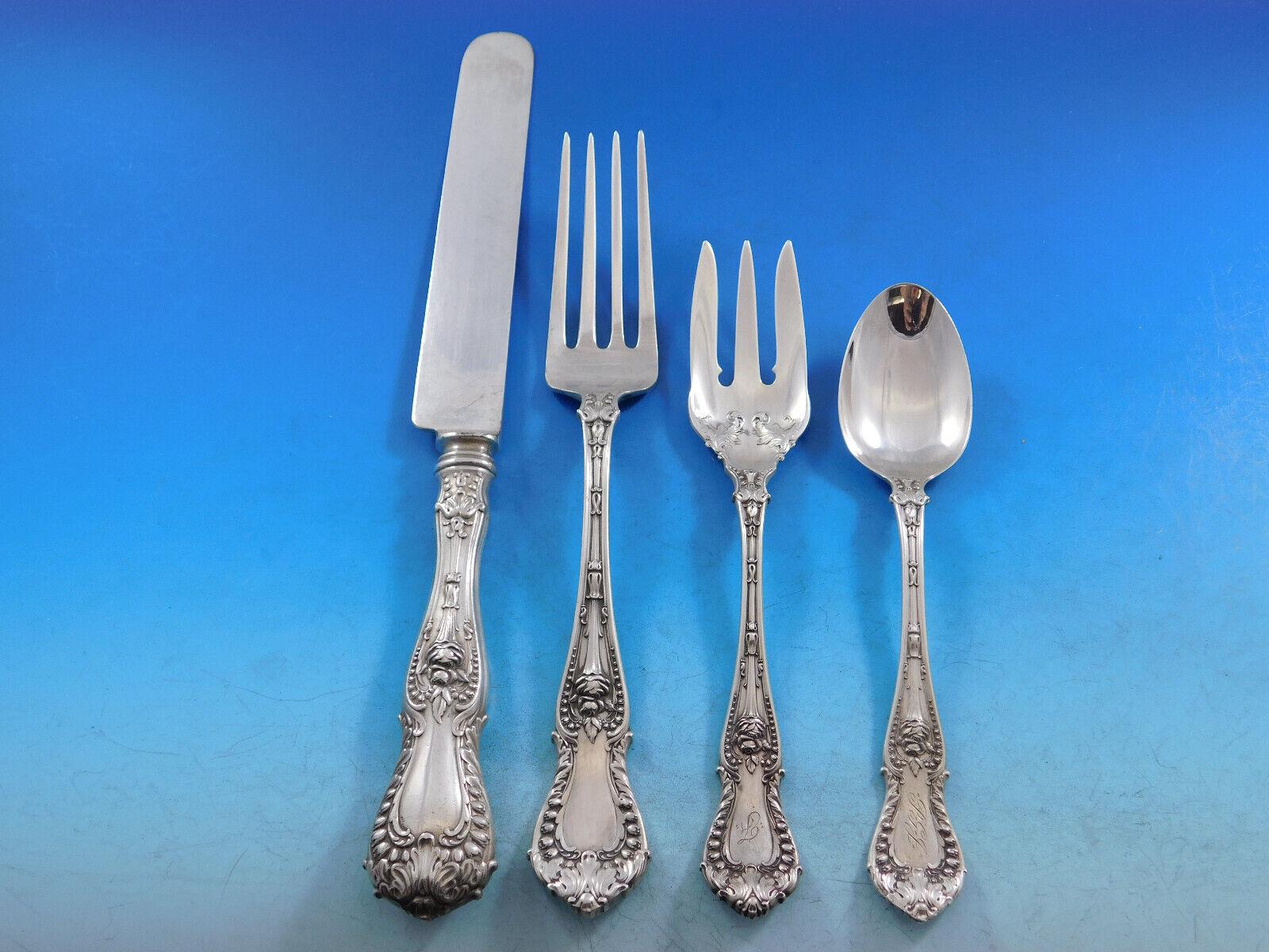 Dinner size Dorothy Vernon by Whiting Sterling silver Flatware set, 73 pieces. This set includes:

12 Dinner Size Knives with blunt plated blades, 9 1/2