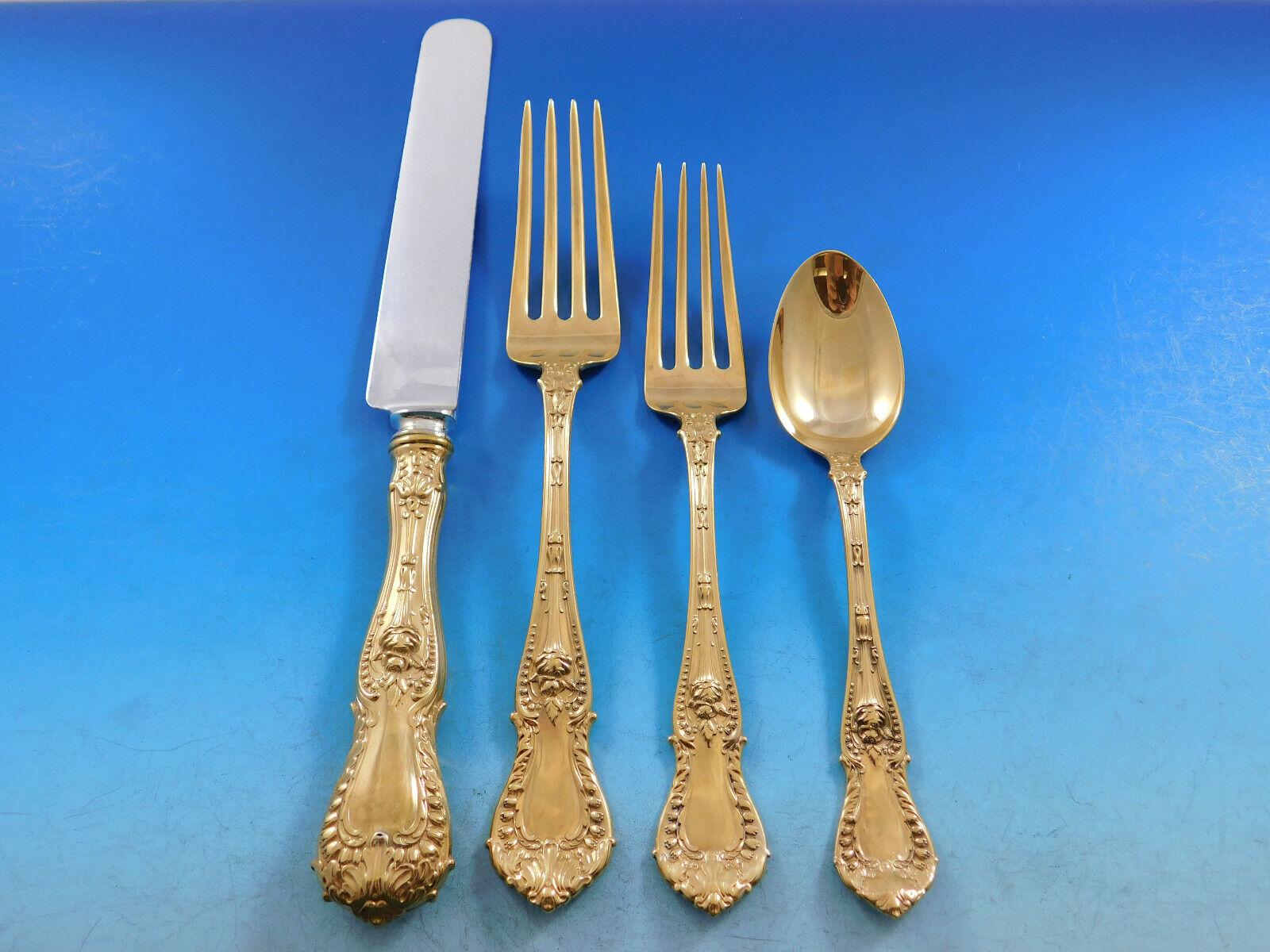 Fantastic Dinner Size Dorothy Vernon Gold by Whiting Sterling Silver Flatware set - 61 pieces. This set includes:

12 Large Dinner Size Knives, 9 7/8