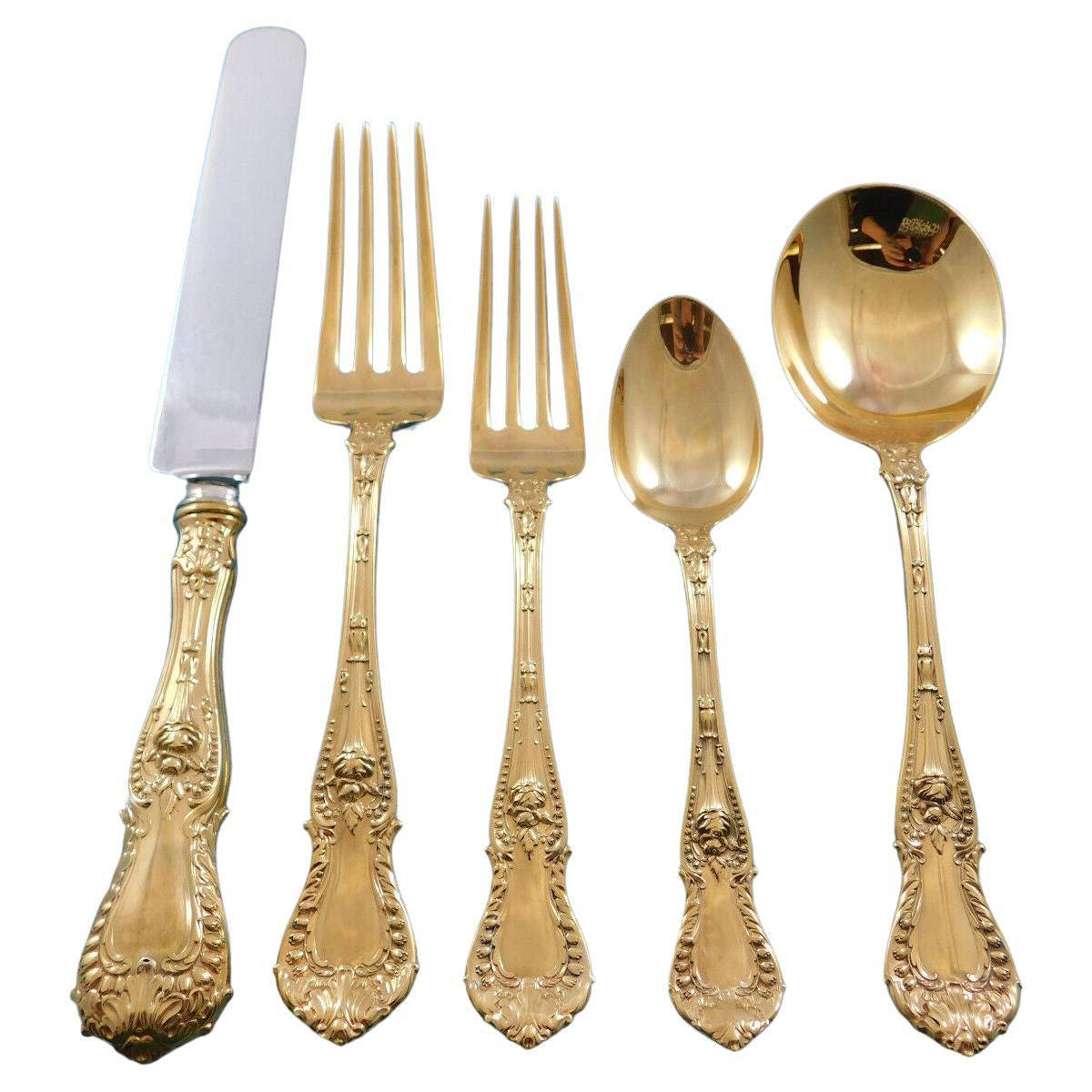 Dorothy Vernon Gold by Whiting Sterling Silver Flatware Set Service 61 Pc Dinner