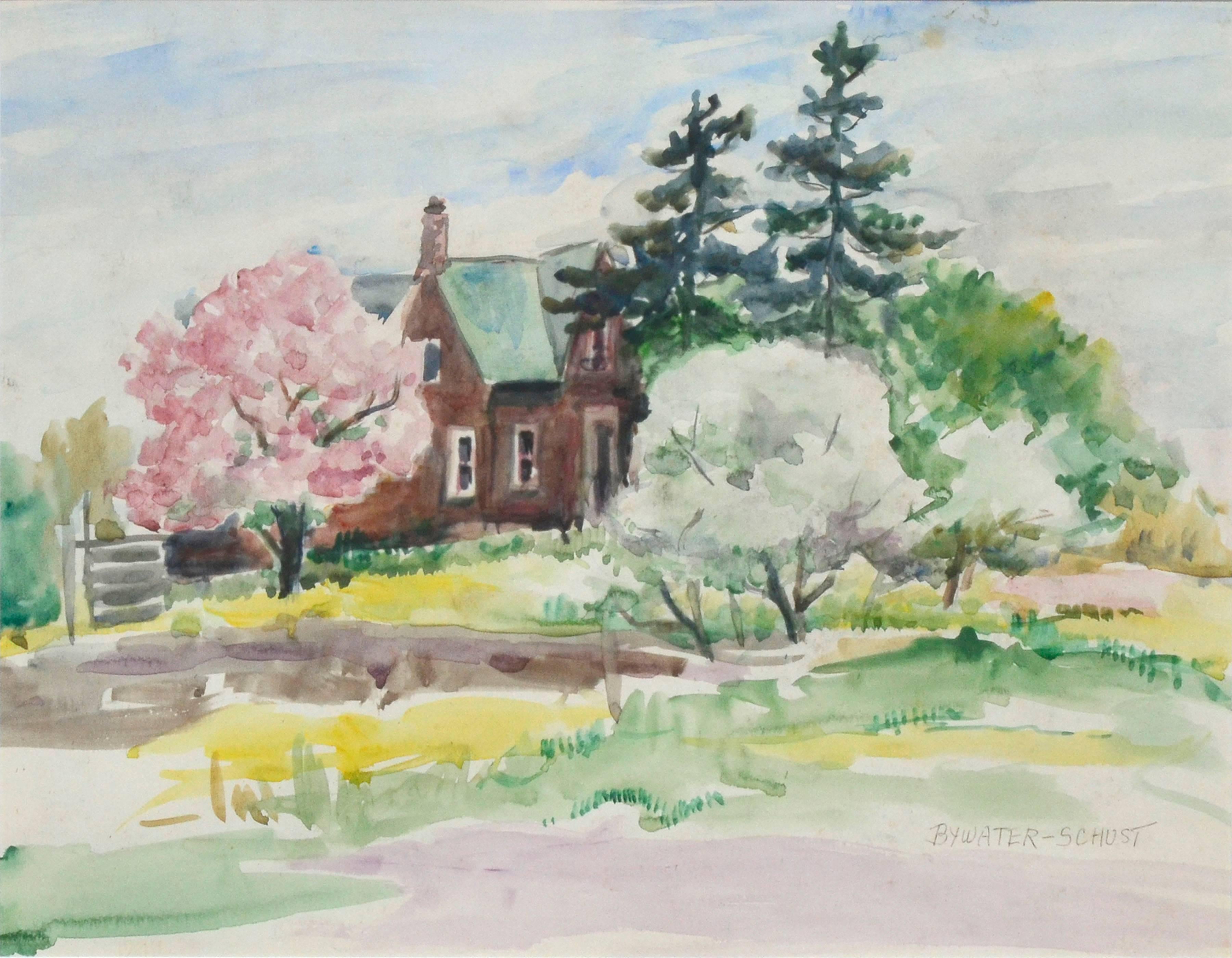 Rural, Victorian Brick House - Mid Century Spring Landscape  - Art by Dorothy Violet Bywater-Schust 
