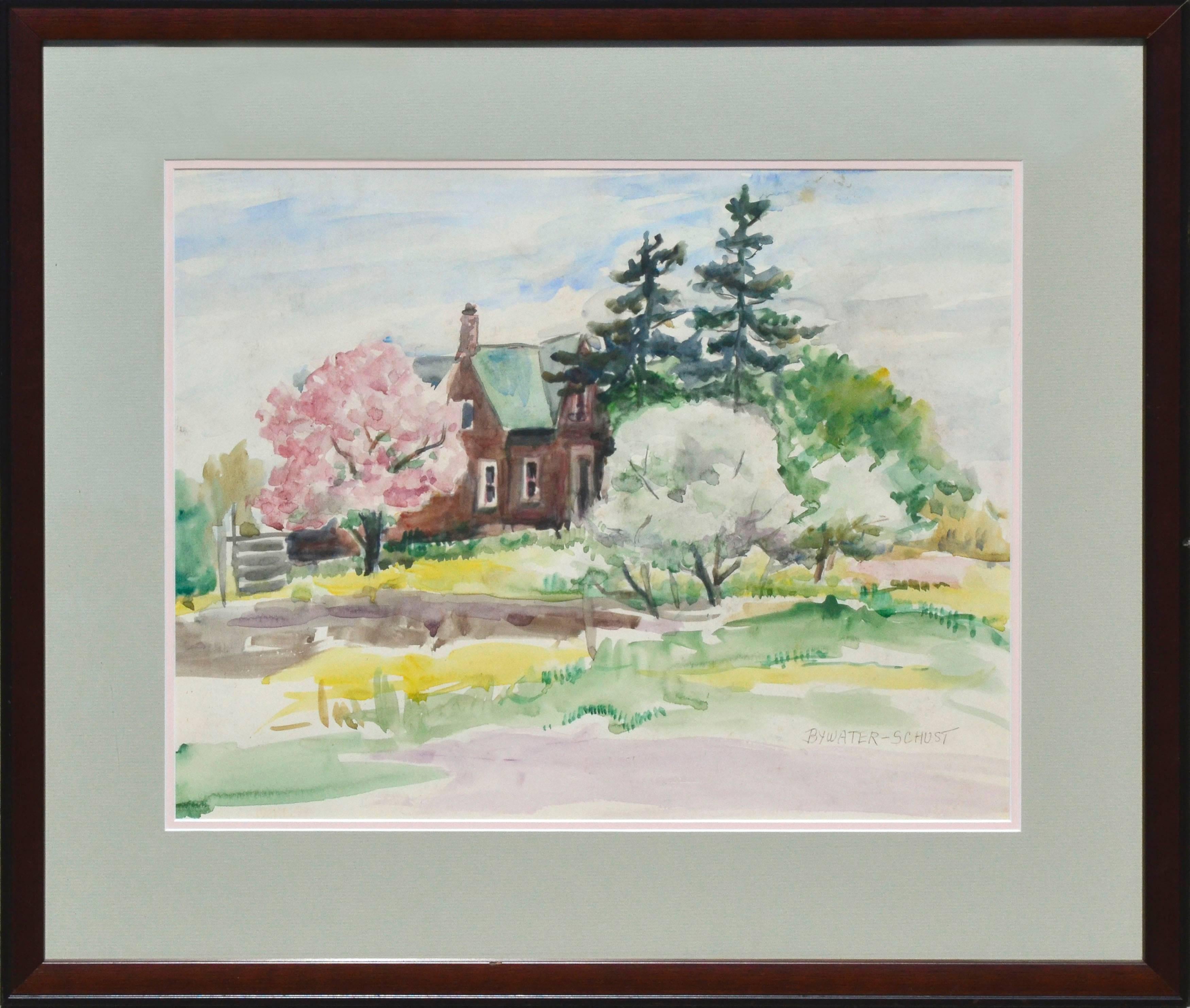 Dorothy Violet Bywater-Schust  Landscape Art - Rural, Victorian Brick House - Mid Century Spring Landscape 