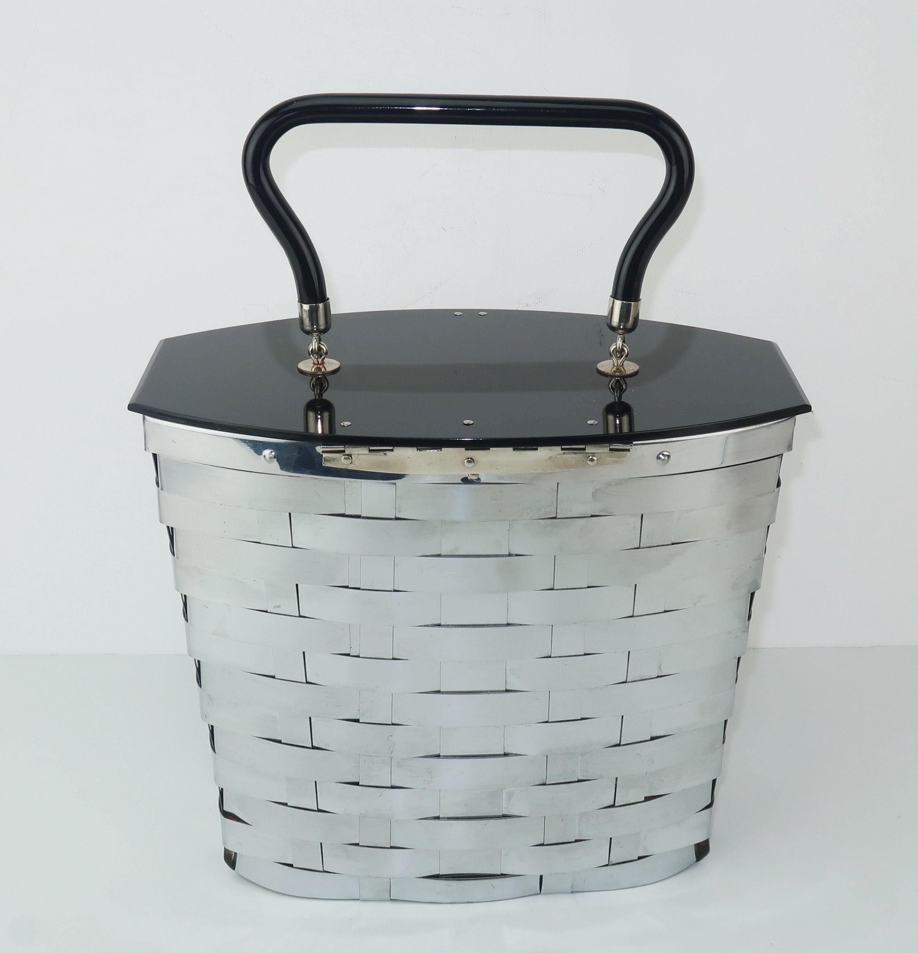 Gray Dorset Rex 1950's Silver Metal Basket Handbag With Black Lid 