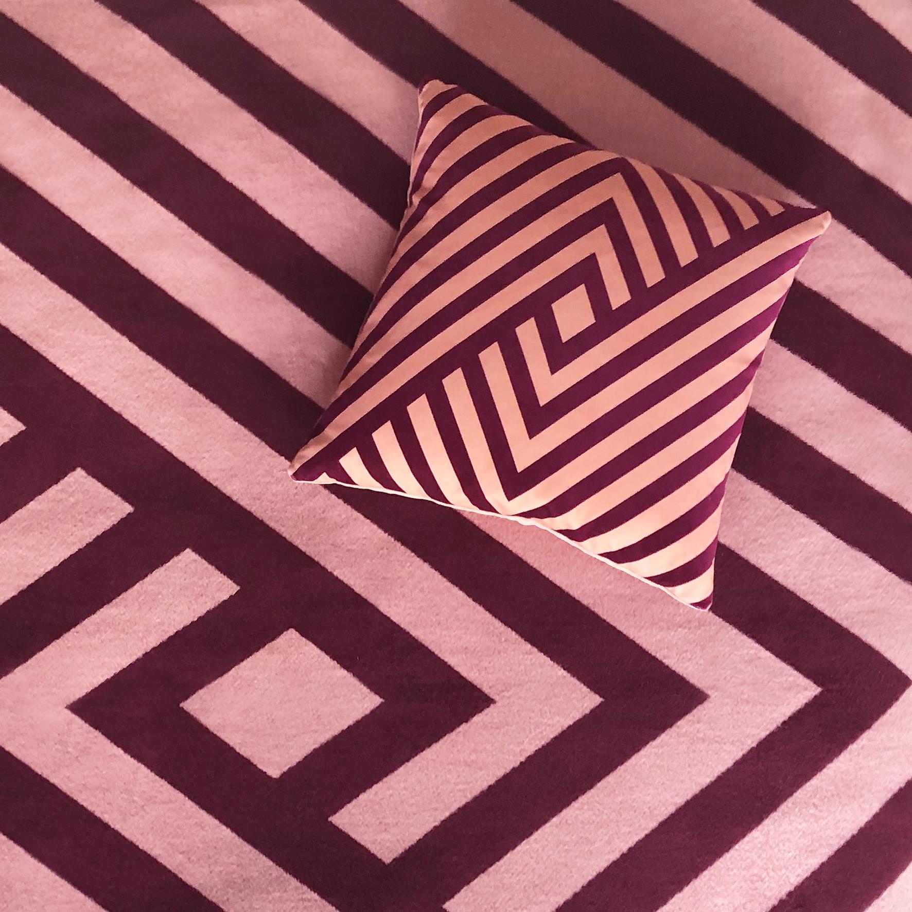 The Dorsey cushion was designed after a trip to Palm Springs, seeing the cities streamlined mid-century architecture set within the desert. The inspiration for the striped geometric pattern came from the colourful sunsets, the suns vibrant rays of