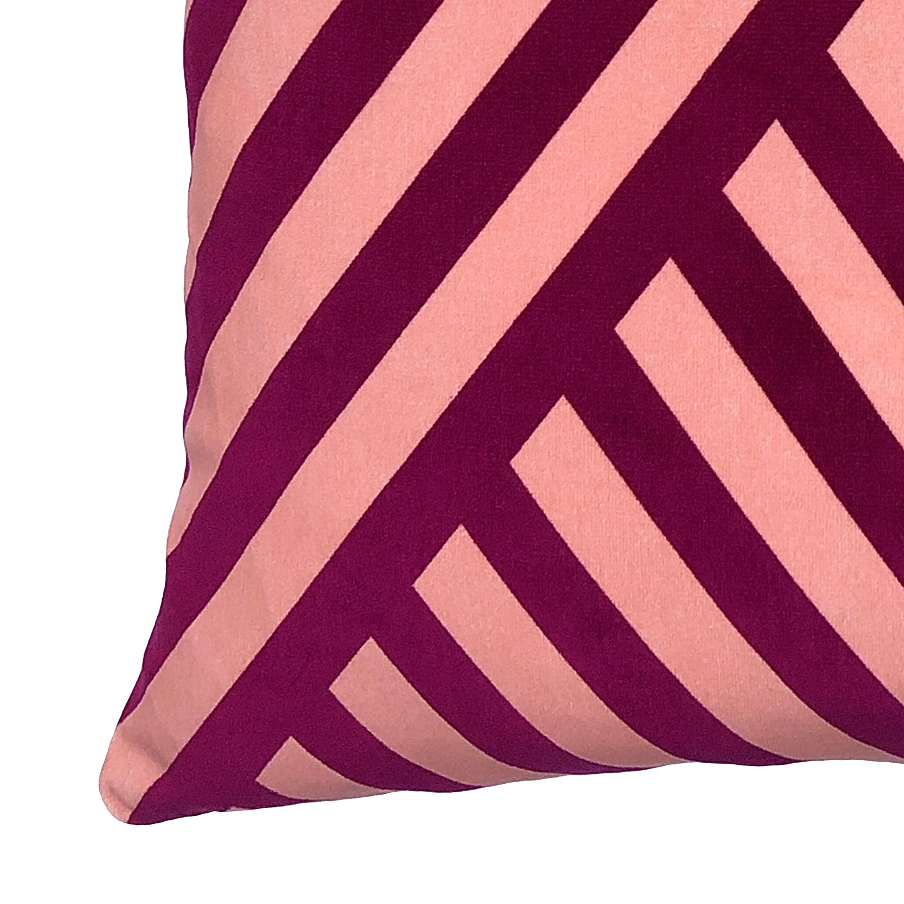 British Dorsey Geometric Stripe Pink Velvet Cushion For Sale