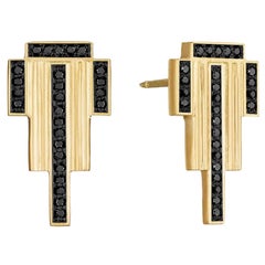 Doryn Wallach Black Diamond and Yellow Gold Empire Stud Earrings