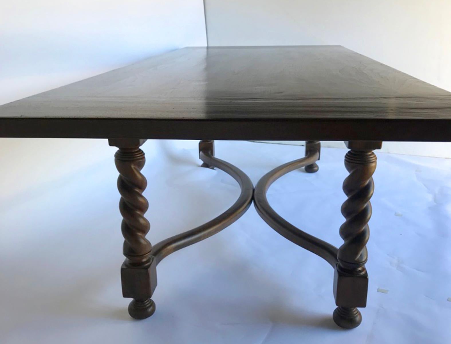 Spanish Colonial Dos Gallos Custom Barley Twist Dining Table with Curved Stretcher