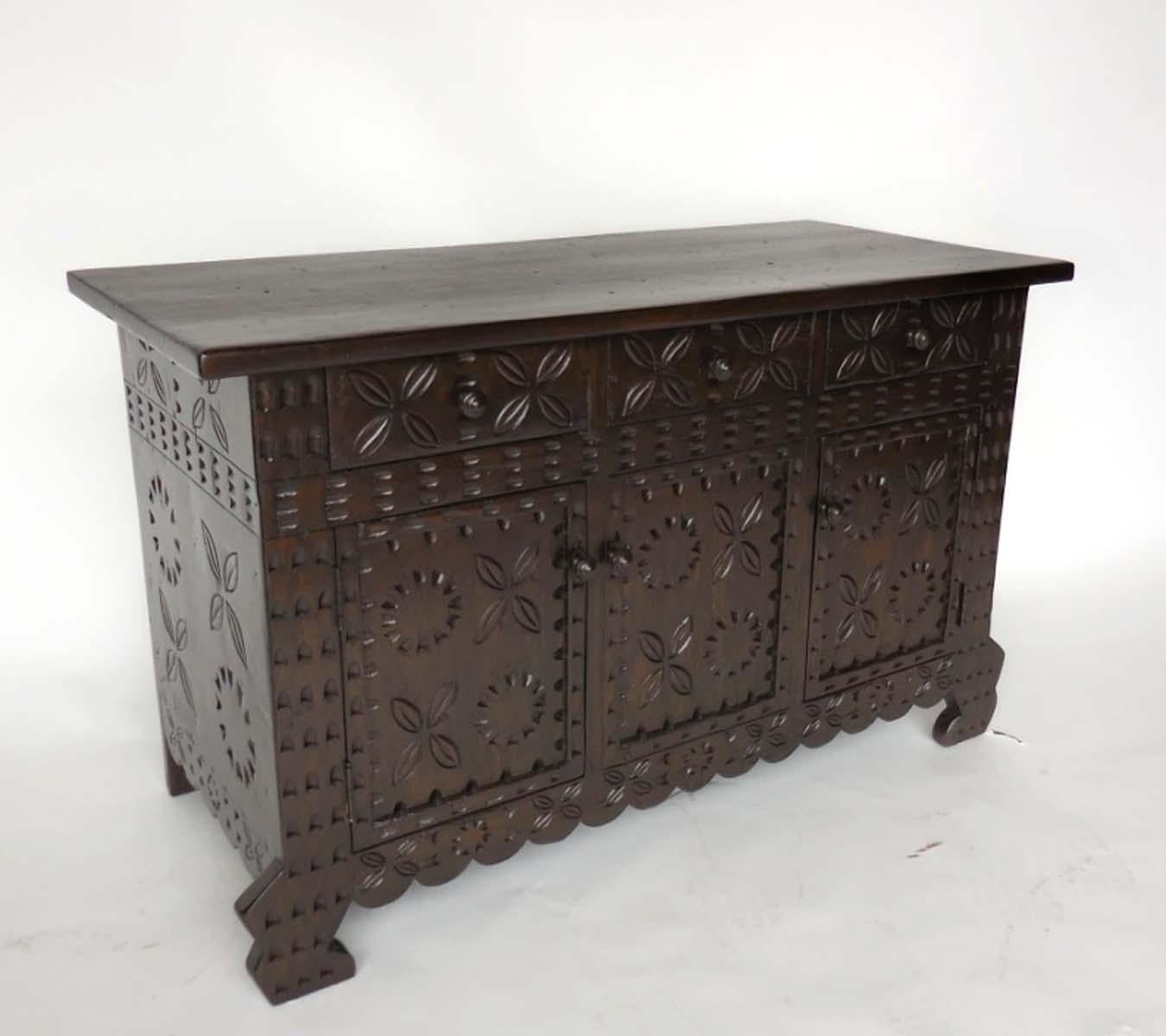 Rustic Dos Gallos Custom Carved Console For Sale