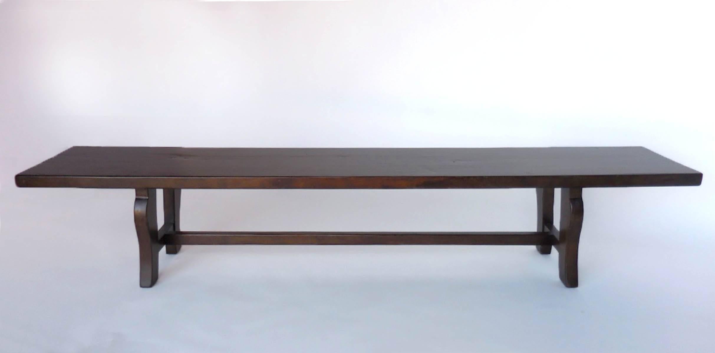Our custom lyre bench in walnut wood with walnut #2 finish and light distress. Can be made in any size and finish, in walnut, oak or mahogany.
Made in Los Angeles by Dos Gallos Studio.
CUSTOM PRICES ARE SUBJECT TO CHANGE. PLEASE INQUIRE BEFORE
