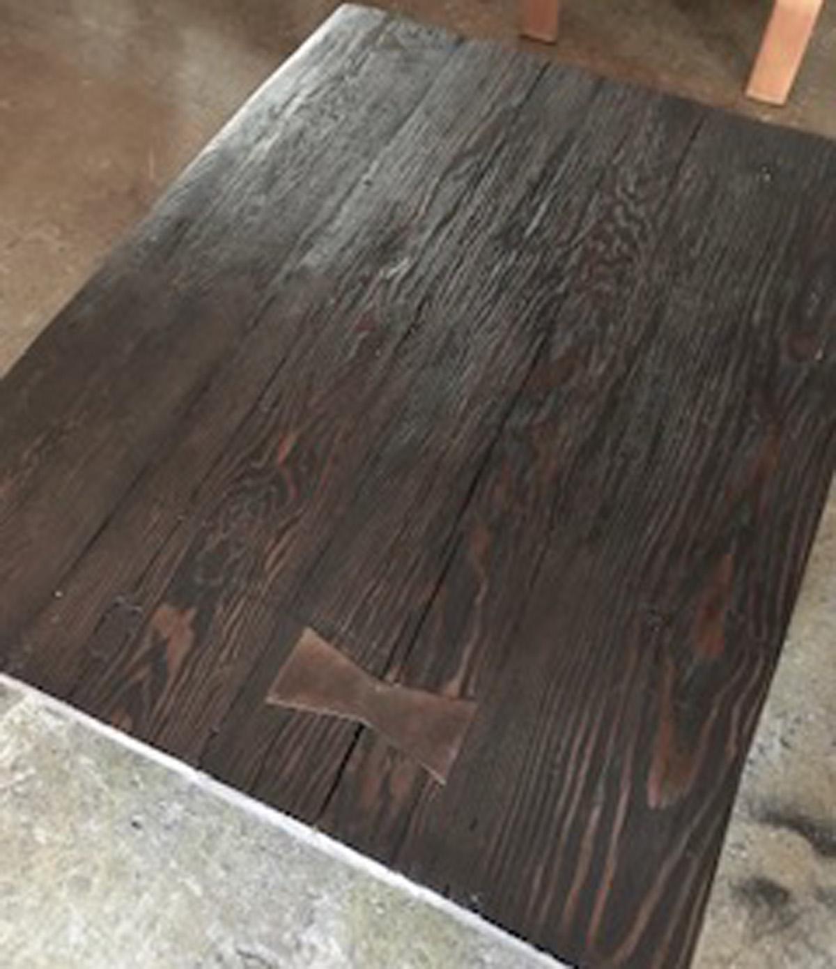 Custom coffee table is made Douglas fir, built up to 3 to 3.5 inches thick. 
Can be made in custom sizes and finishes. Made by Dos Gallos Studio in Los Angeles. Please note that custom made pieces are not returnable.  

CUSTOM PRICES ARE SUBJECT TO