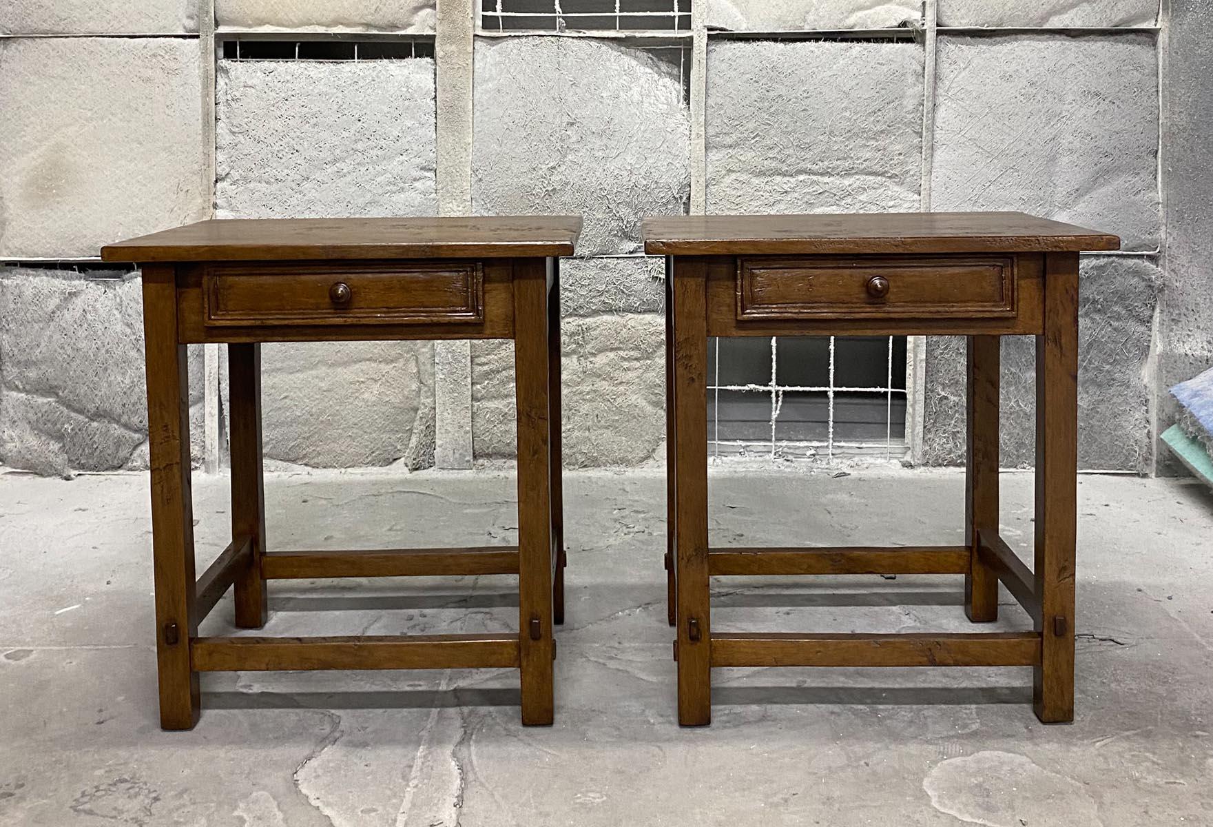 These are great examples of our Dos Gallos custom Brazilian side tables. These are completely custom, made to each client's specifications. As shown, these are in walnut with our Walnut #2 finish and a medium to heavy distress. The typical lead time