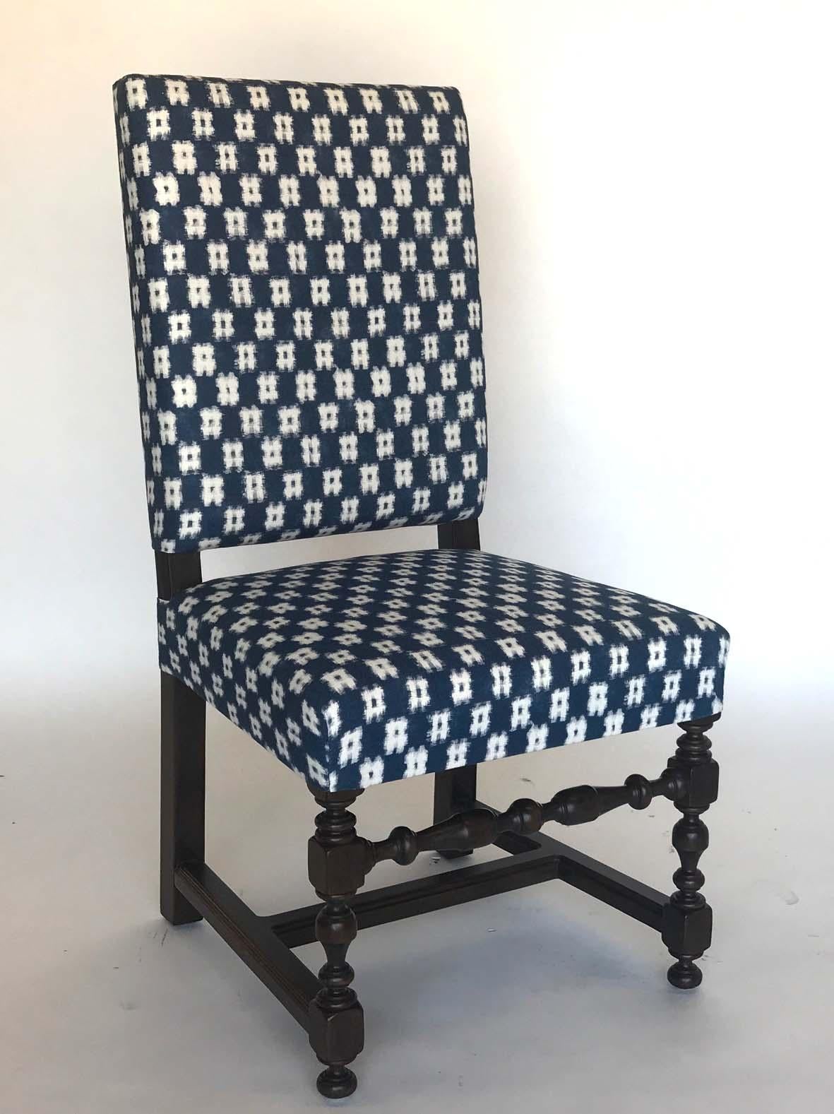 Custom classic continental style suitable for dining or as a desk chair. Can work in Spanish, English, classic, farm house or modern interiors, depending on finish and fabric. For plain fabric, 2.5 to 3 yards are needed to upholster one side