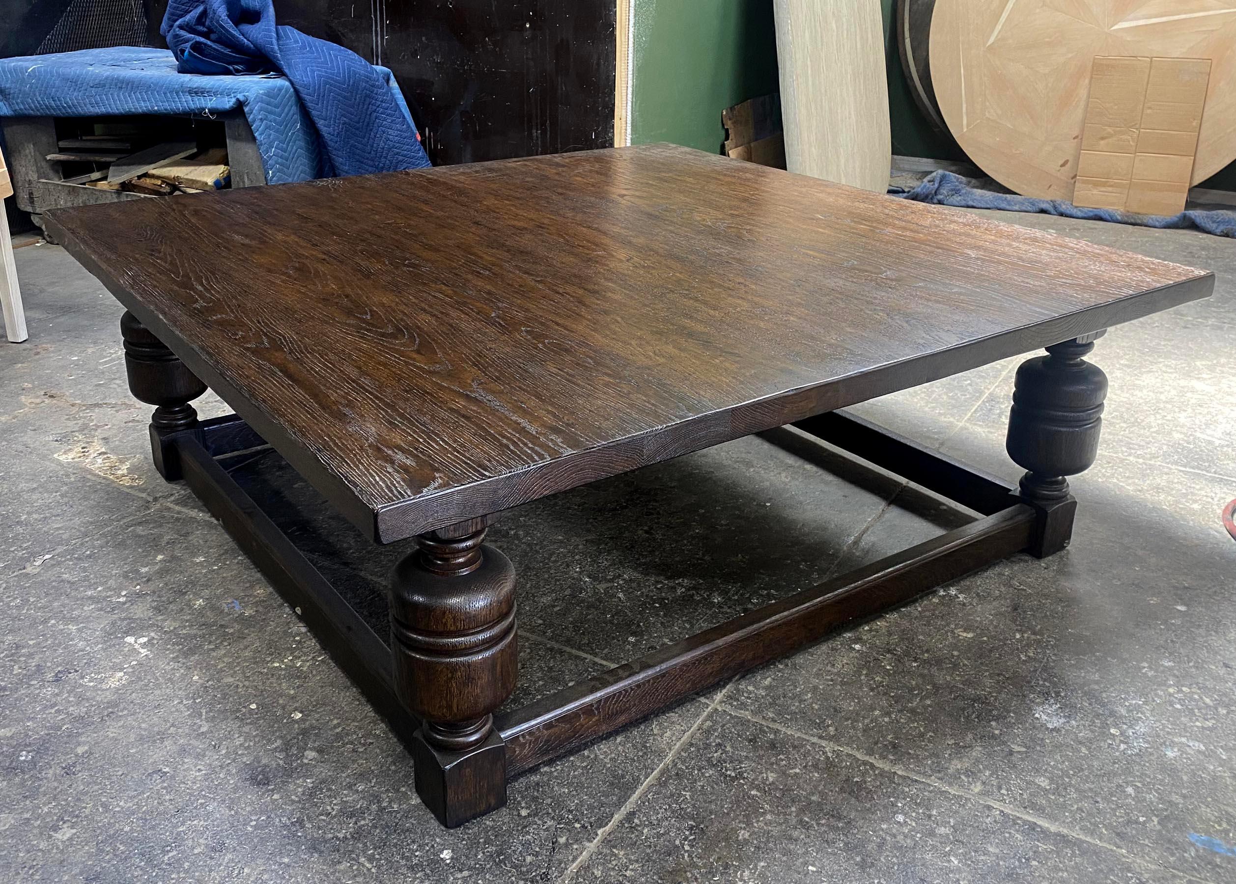 This is our custom baroque style coffee table, shown here in oak #3 finish with a heavy distress. This can be done in any size and in a variety of finishes. All custom pieces are bench made and hand finished in Los Angeles by Dos Gallos