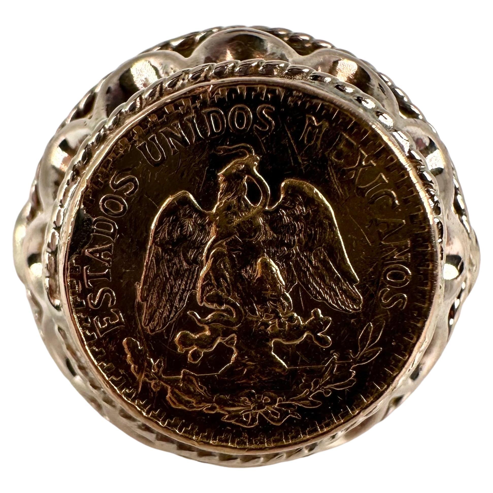 Dos Pesos 1945 Coin Ring 14 Karat Yellow Gold Mexico Coin Ring For Sale