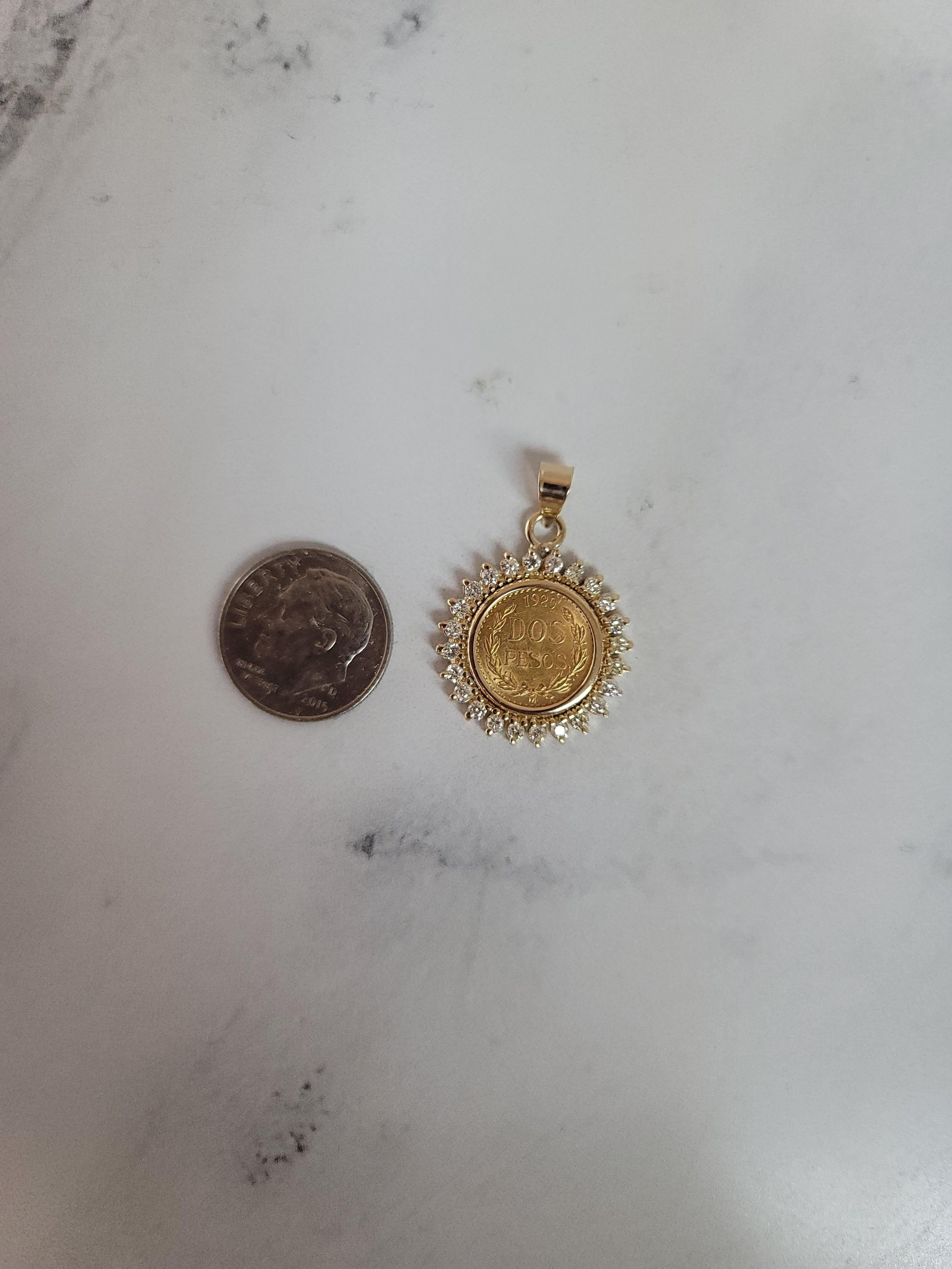 Women's or Men's Dos Pesos Diamond Necklace 14k Yellow Gold For Sale