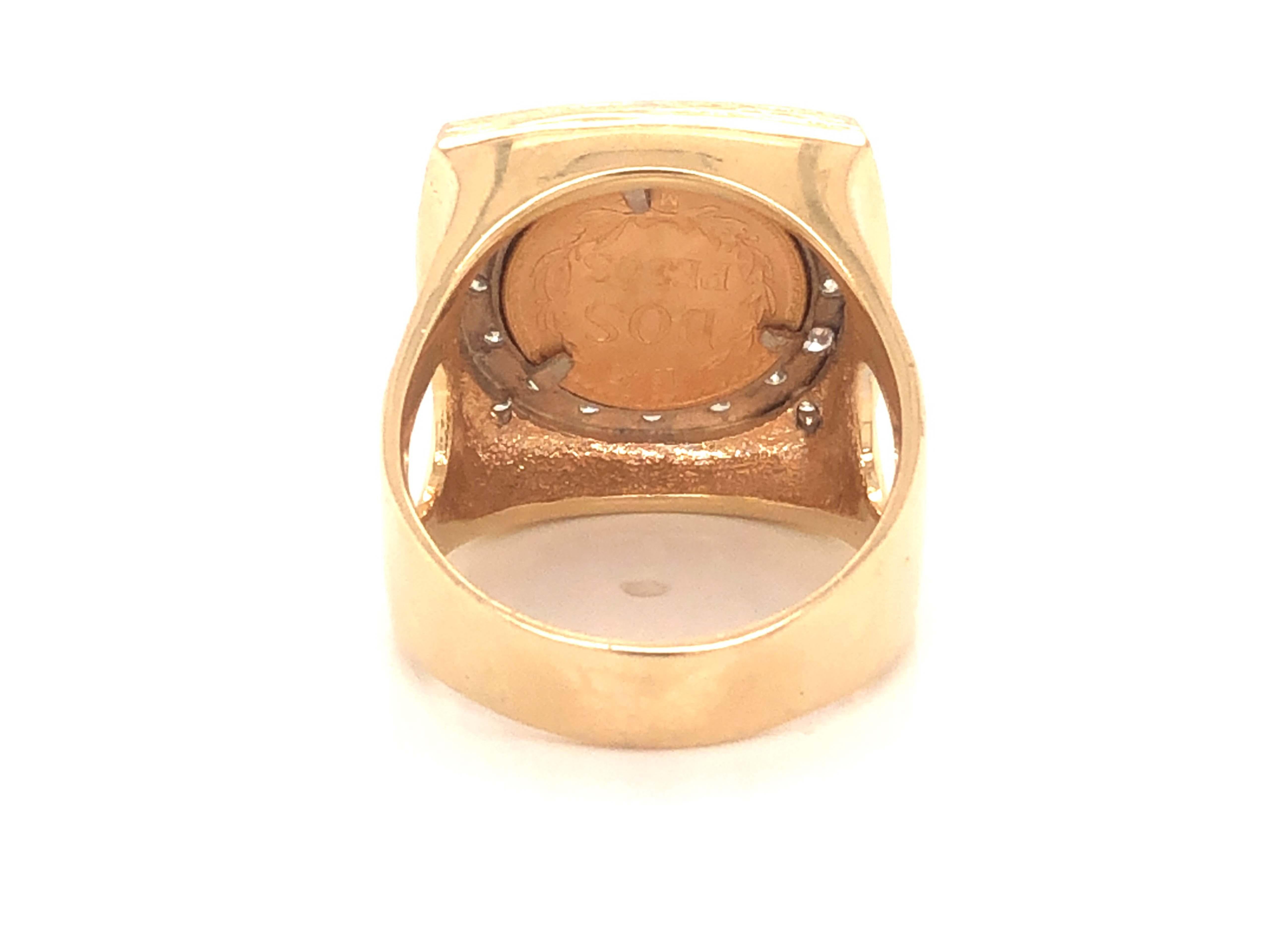 Dos Pesos Gold Coin Diamond Ring in 14k Yellow Gold In Good Condition For Sale In Honolulu, HI