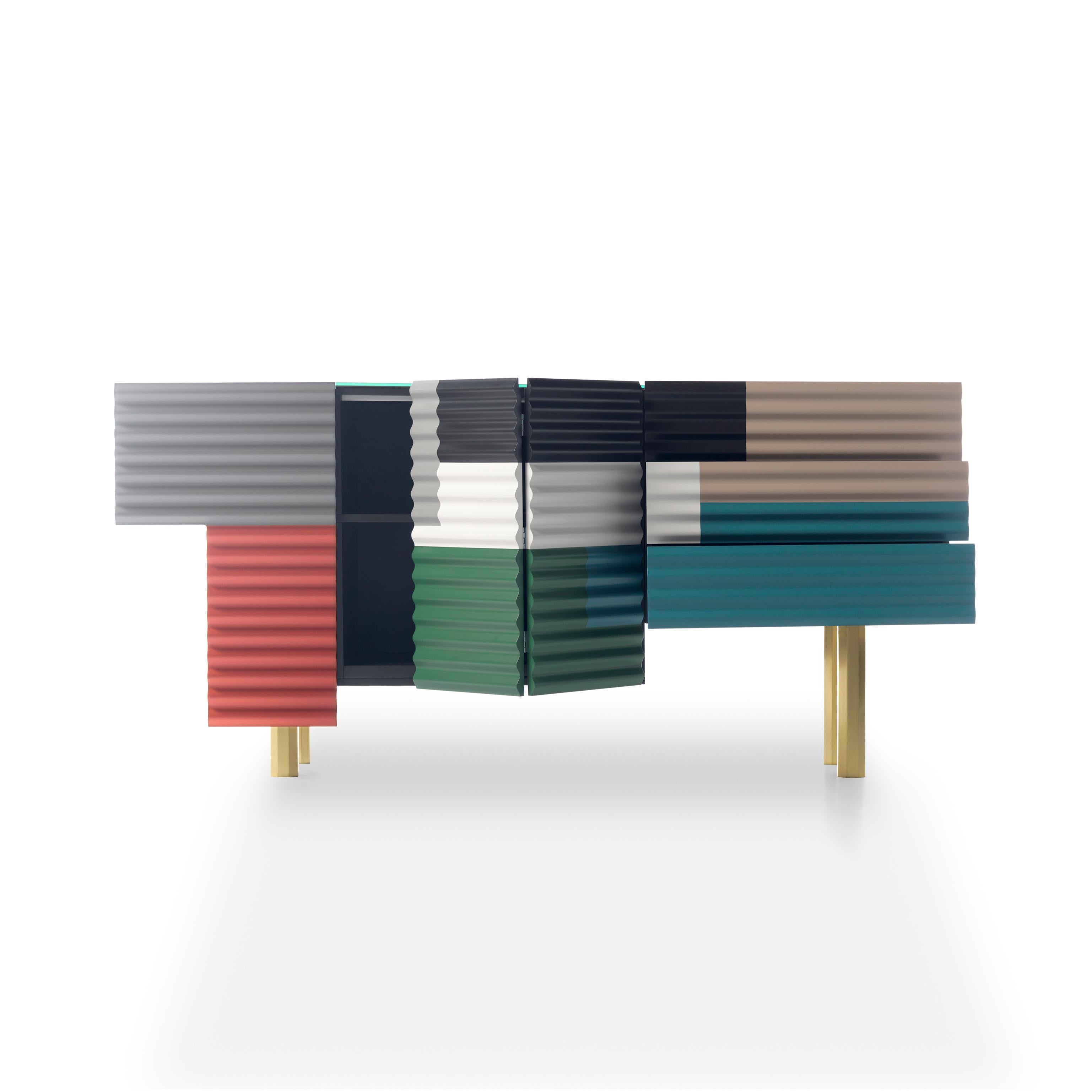 Shanty cabinet designed by Doshi Levien in 2014 manufactured in Barcelona by BD.

Shanty is inspired in the patchwork of corrugated steel sheets which are used to construct many temporary or provisional homes, which exist in the whole world. Its