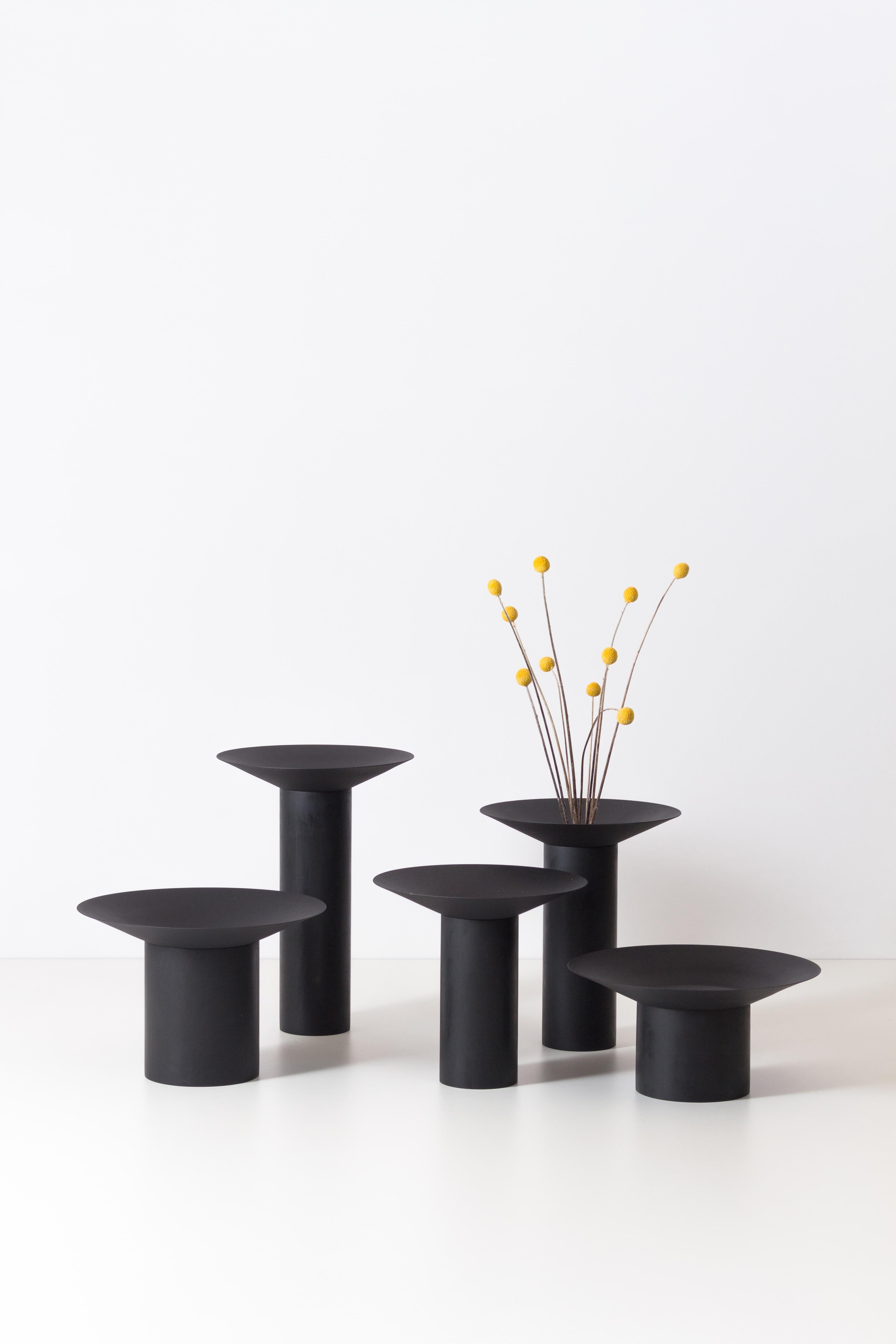Inspired by the juxtaposition of the tree crowns, the Dossel Collection comprises five vases that can be both used individually or in conjunction, as vases, fruit bowls or as decorative elements.

The metal part of the vases has a cavity that can be