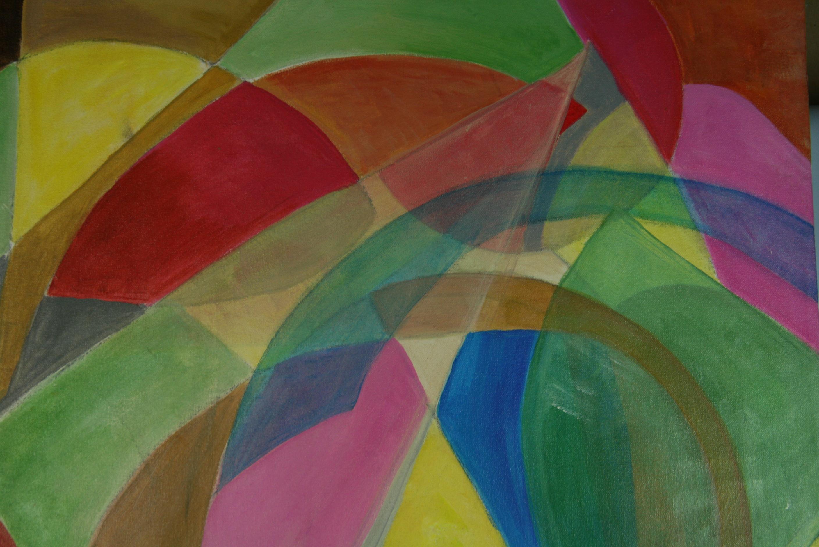 4078 Large abstrait géométrique coloré  dans une toile rappée
Signé D. Ostrower