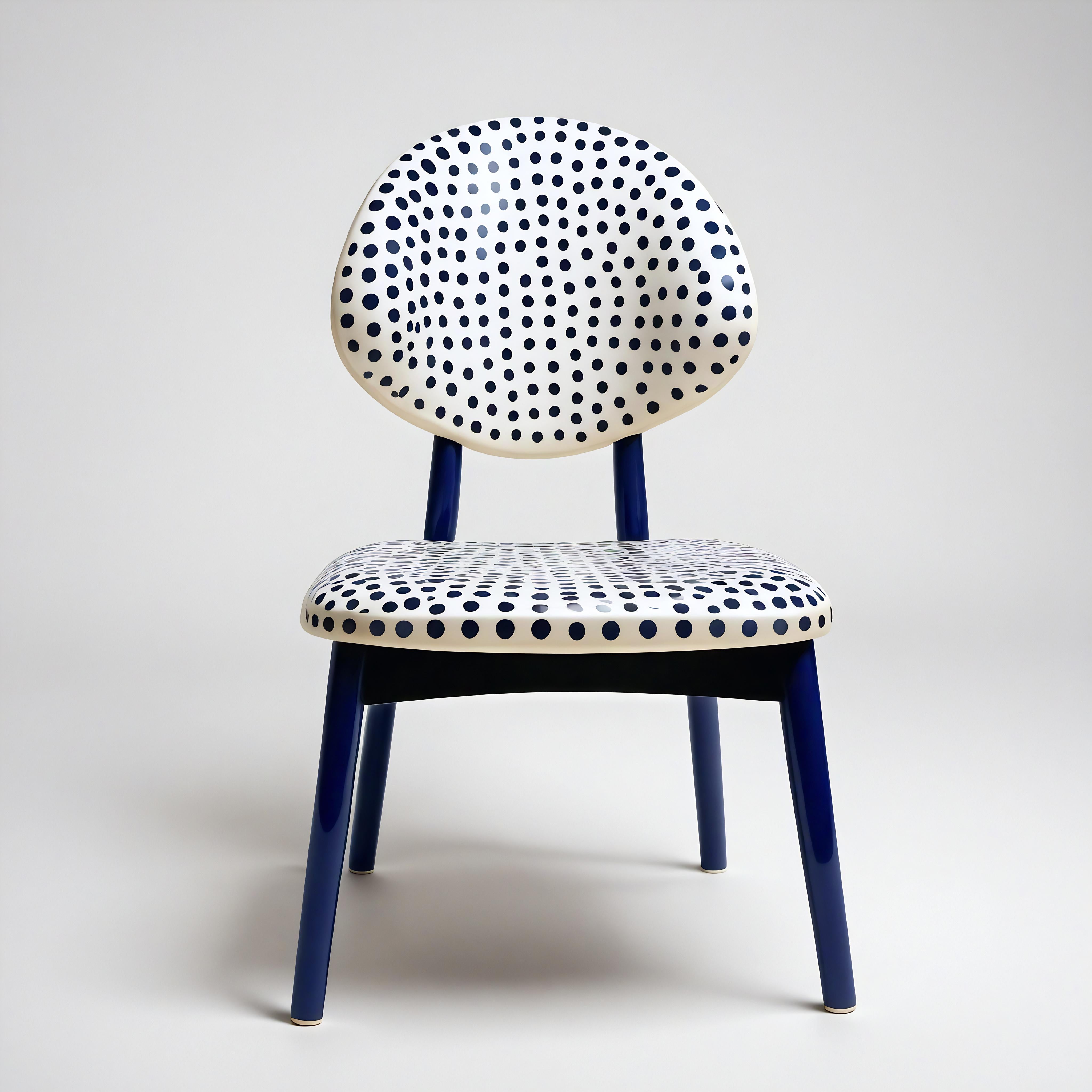 The Dot Chair is crafted from premium teak wood, featuring a hand-painted blue finish with a playful polka dot pattern on the seat and backrest. This charming, fully handmade chair offers a unique balance of style and craftsmanship, making it a