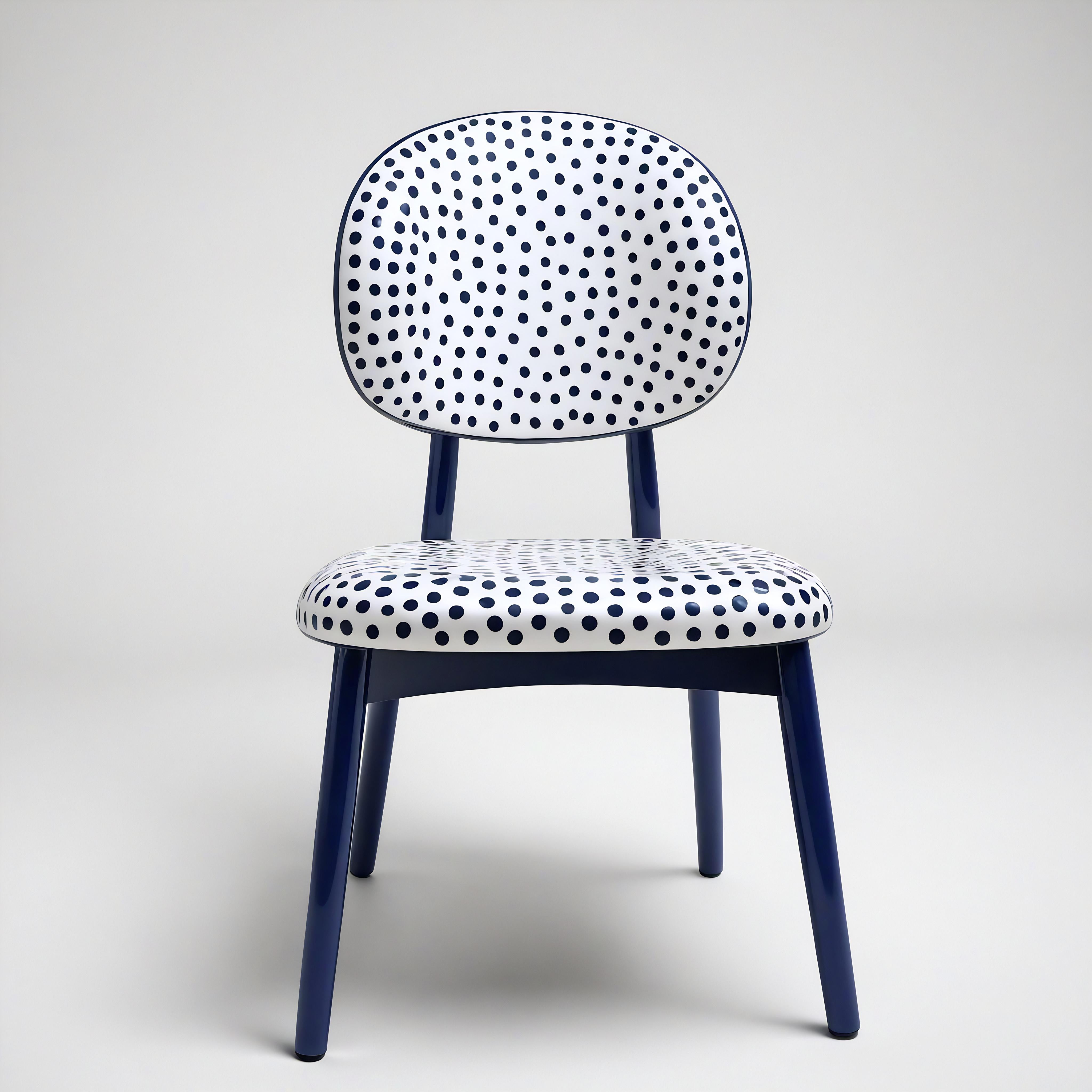 The Dot Chair is crafted from premium teak wood, featuring a hand-painted blue finish with a playful polka dot pattern on the seat and backrest. This charming, fully handmade chair offers a unique balance of style and craftsmanship, making it a