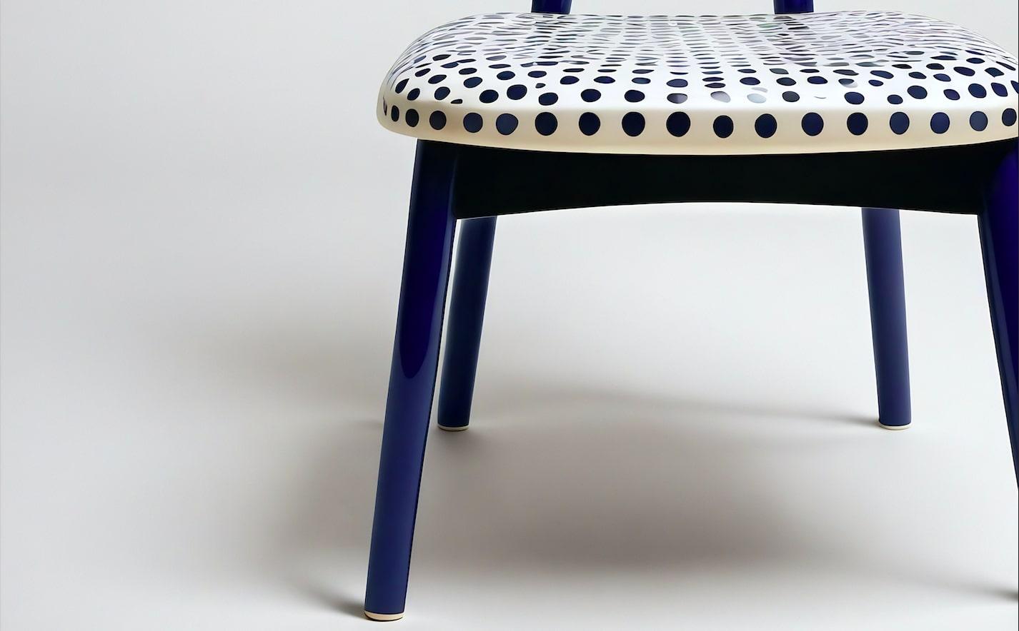 Mid-Century Modern Dot Chair - Handmade Teak Wood Chair with Blue Polka Dot Design For Sale