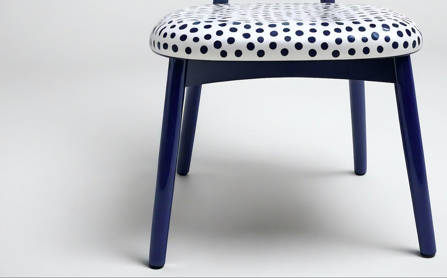 Mid-Century Modern Dot Chair - Handmade Teak Wood Chair with Blue Polka Dot Design For Sale