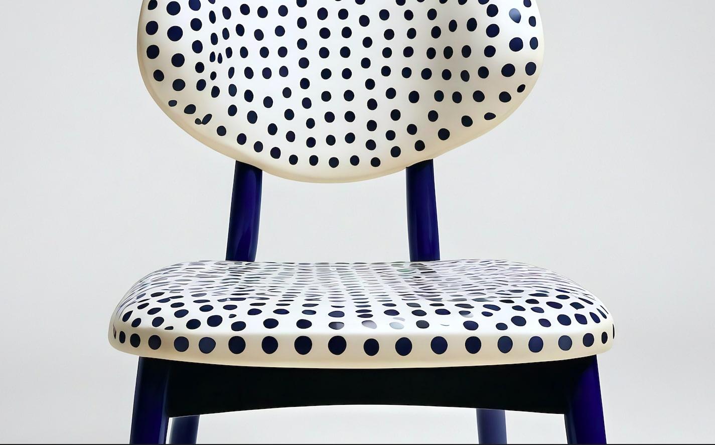 Woodwork Dot Chair - Handmade Teak Wood Chair with Blue Polka Dot Design For Sale
