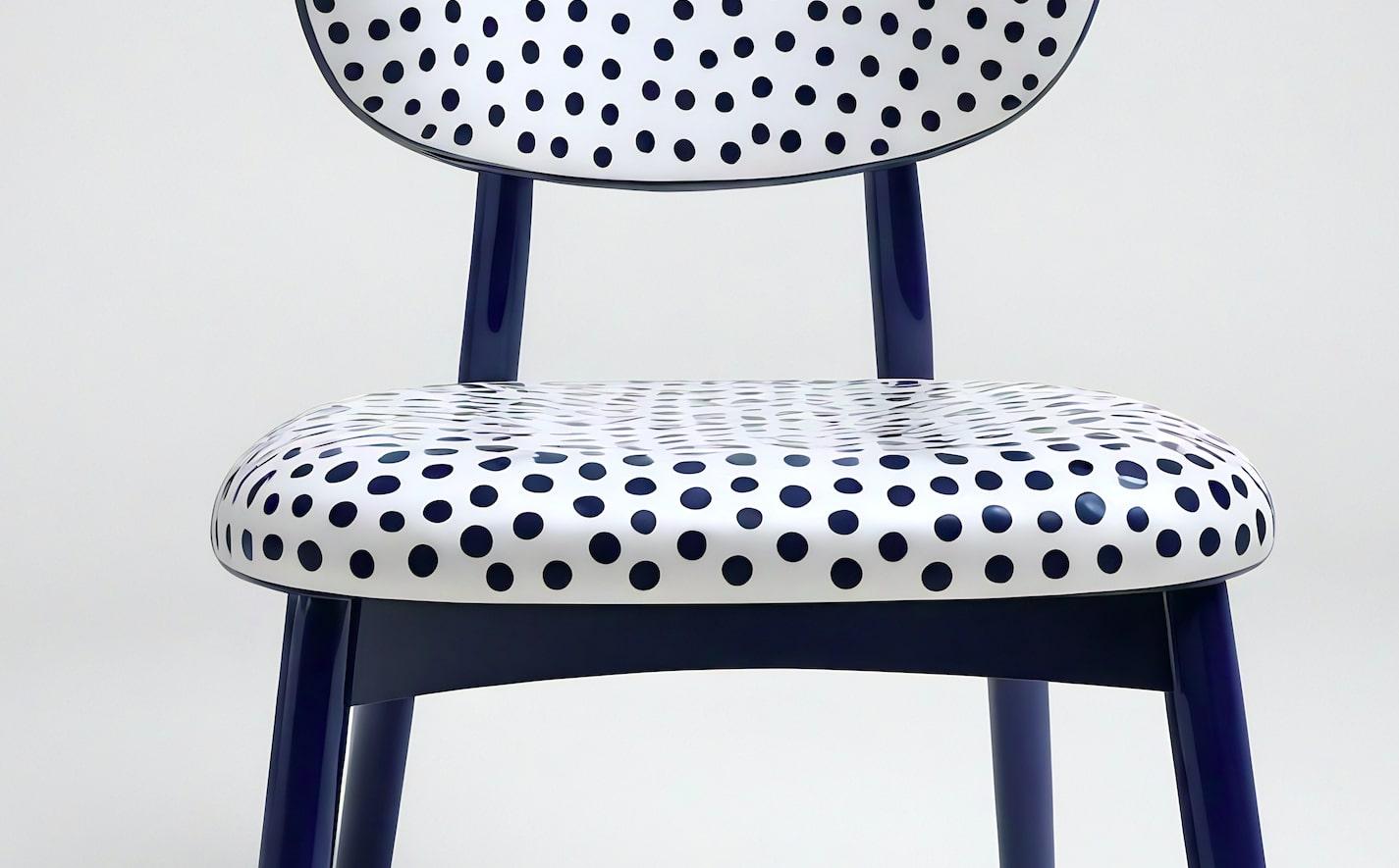 Woodwork Dot Chair - Handmade Teak Wood Chair with Blue Polka Dot Design For Sale
