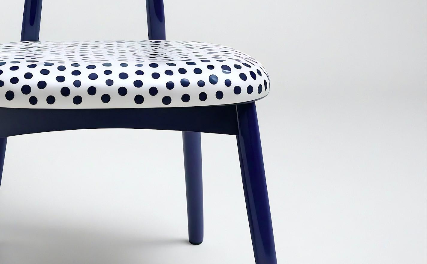 Dot Chair - Handmade Teak Wood Chair with Blue Polka Dot Design In New Condition For Sale In New York, NY