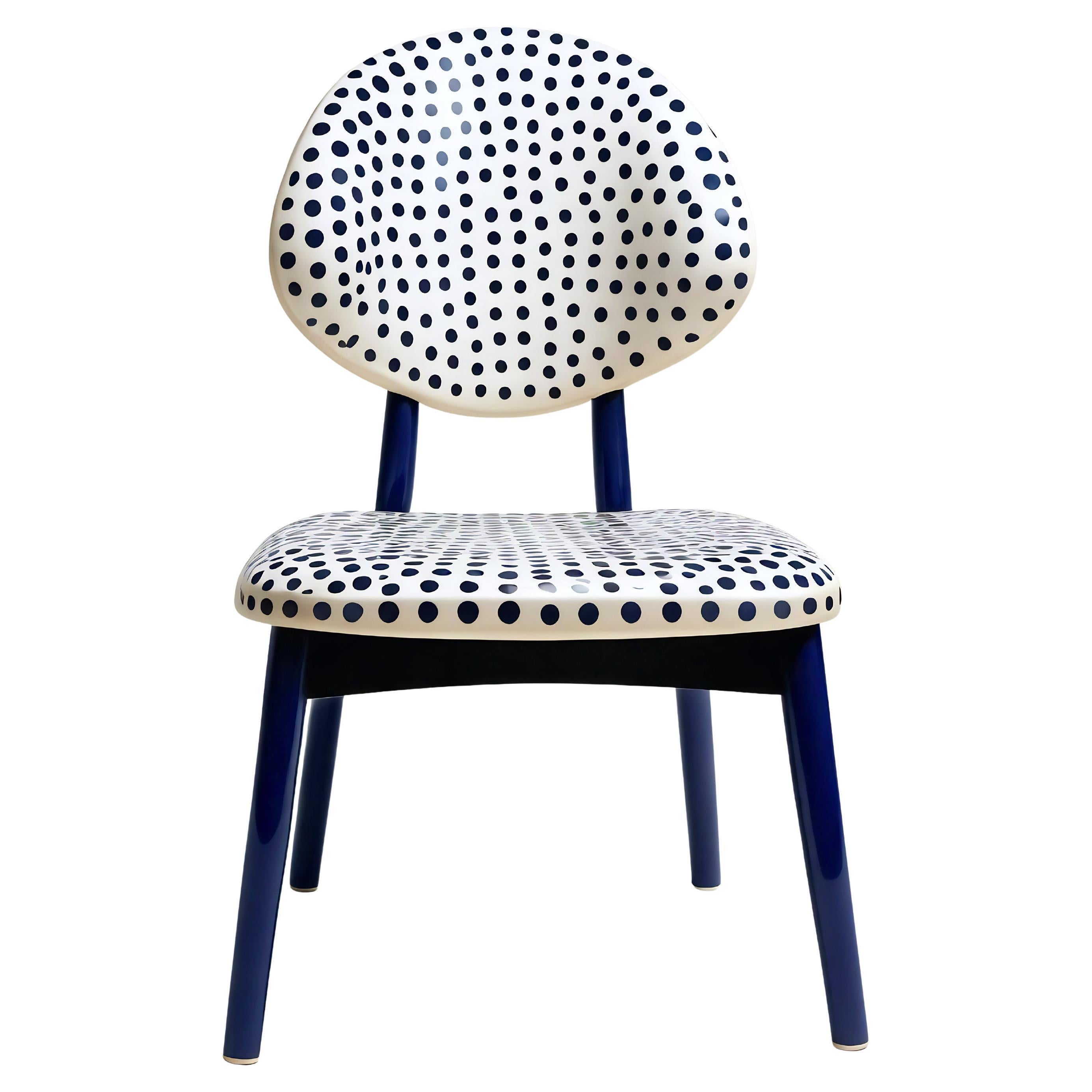 Dot Chair - Handmade Teak Wood Chair with Blue Polka Dot Design For Sale