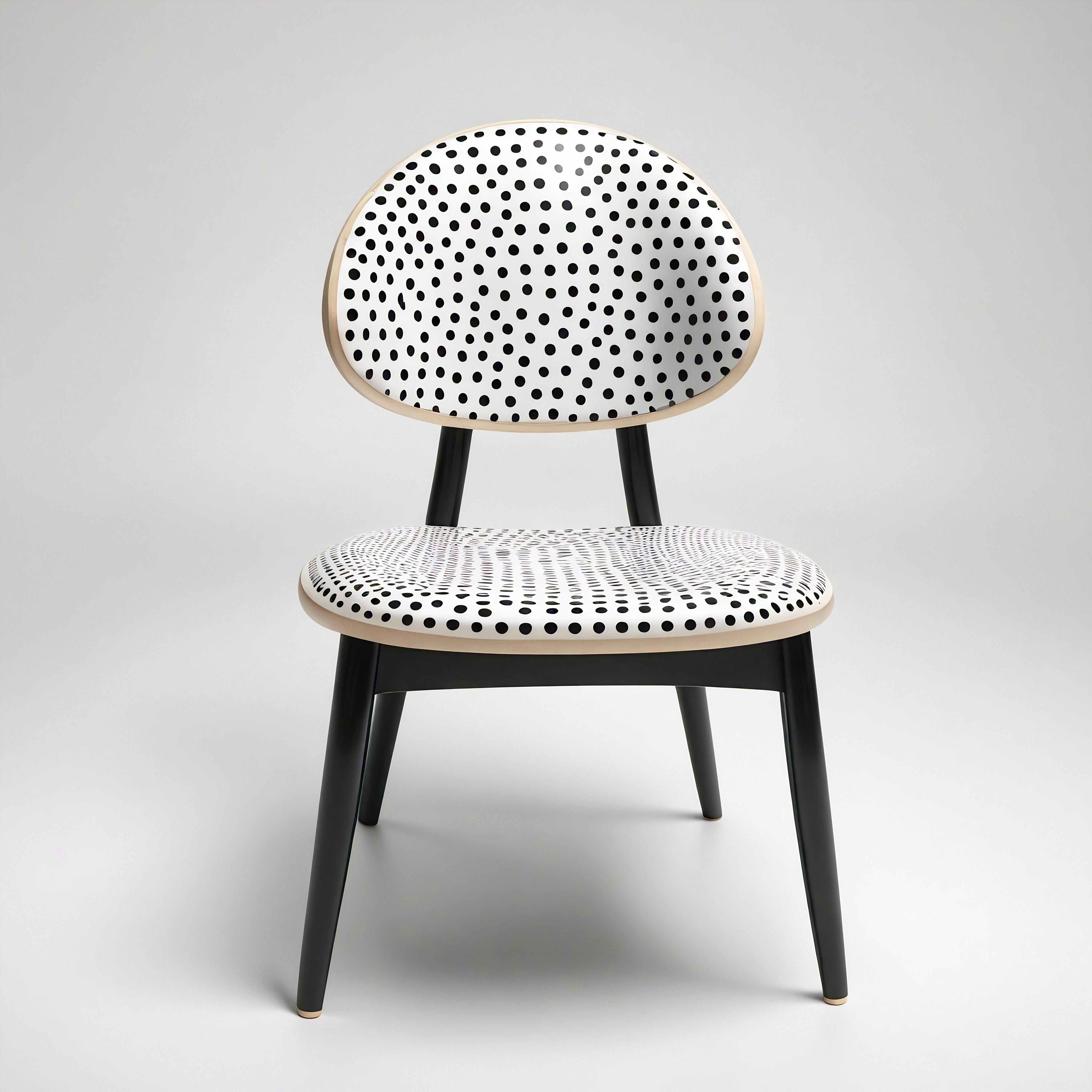 La Dot Chair est fabriquée en bois de teck de première qualité, avec une finition noire peinte à la main et un motif ludique à pois sur l'assise et le dossier. Cette charmante chaise, entièrement fabriquée à la main, offre un équilibre unique entre