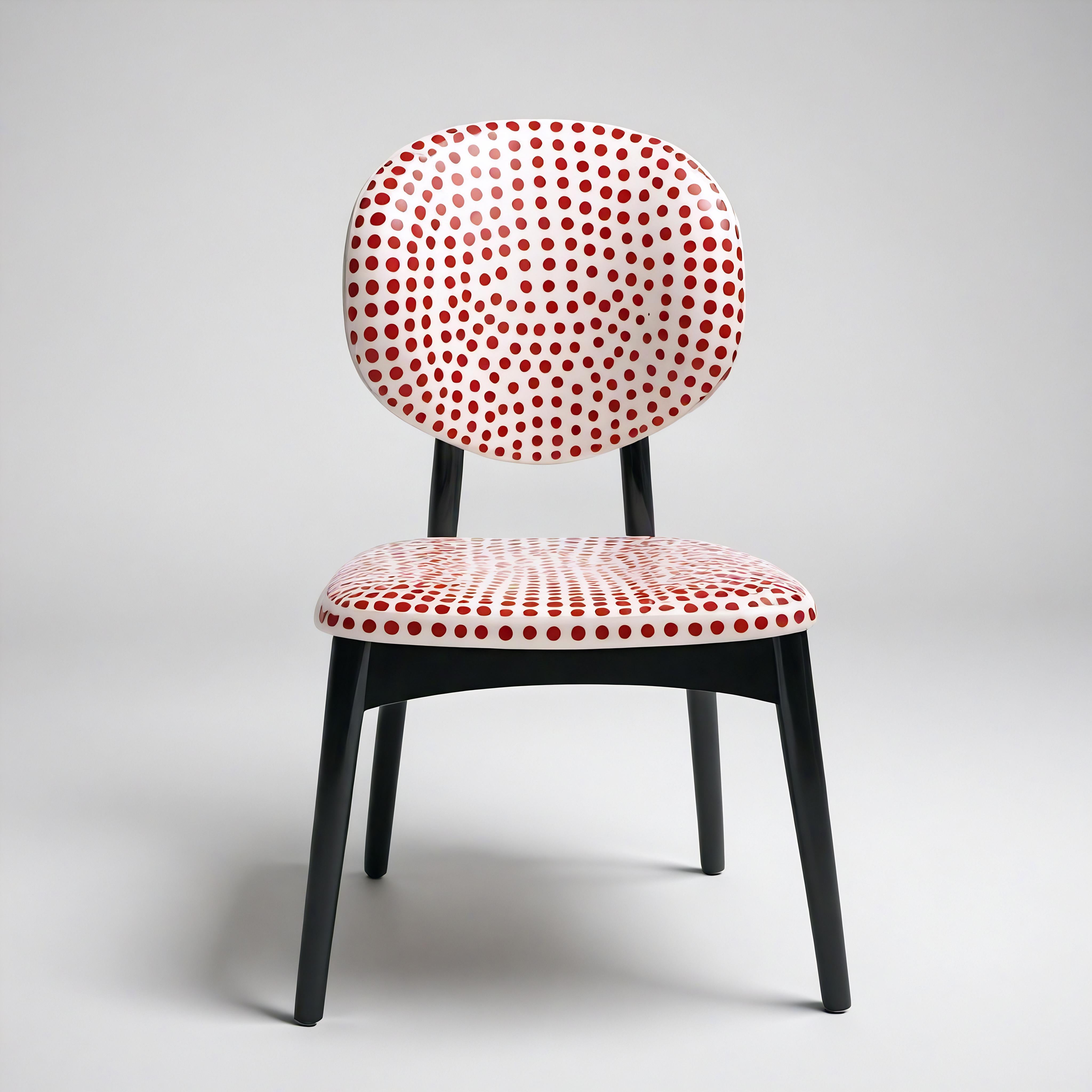 La Dot Chair est fabriquée en bois de teck de première qualité, avec une finition noire peinte à la main et un motif ludique à pois rouges sur l'assise et le dossier. Cette charmante chaise, entièrement fabriquée à la main, offre un équilibre unique