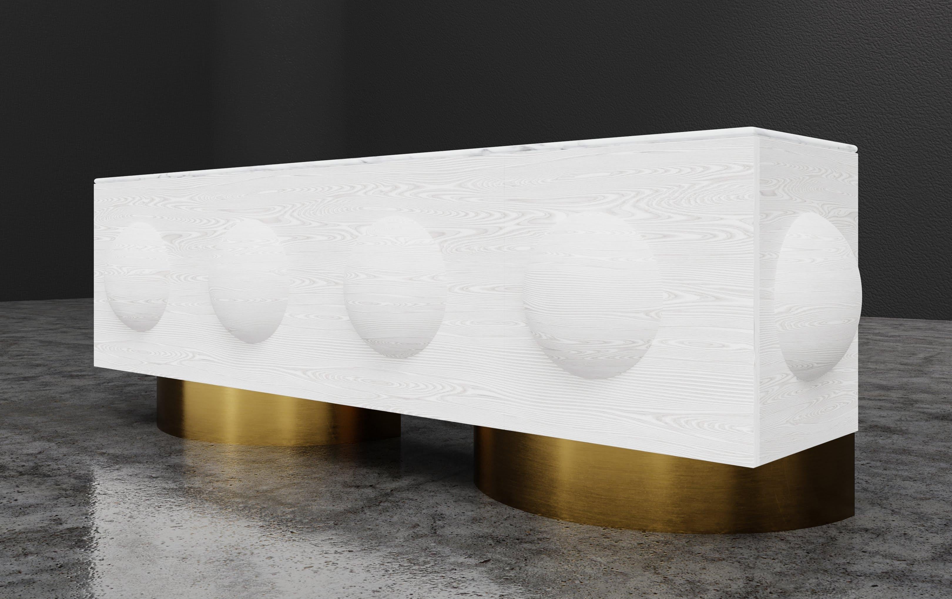 DOT CREDENZA - Modern Wood Detail with Metal Plinth

The Dot Credenza is a contemporary piece of furniture with a unique design element - a sculpted wood sphere detail - and metal plinth bases, which give it an architectural feel. This modern