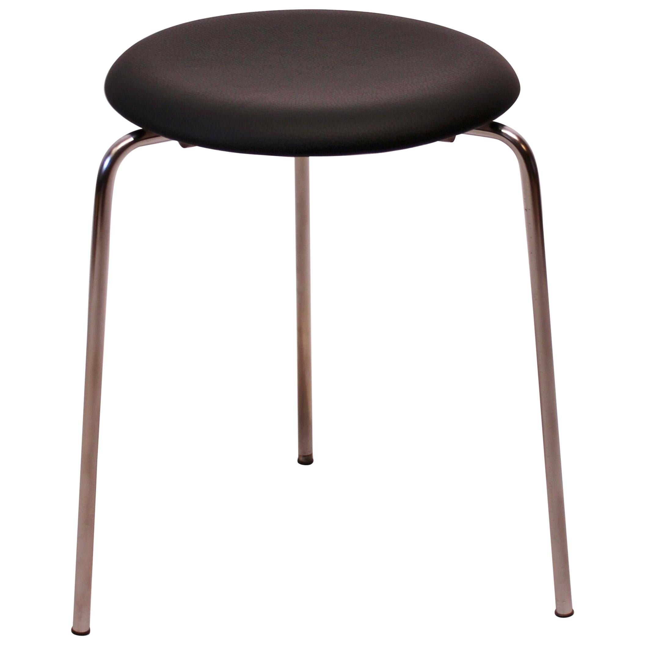 Dot Stool with Black Leather Designed by Arne Jacobsen, 1971