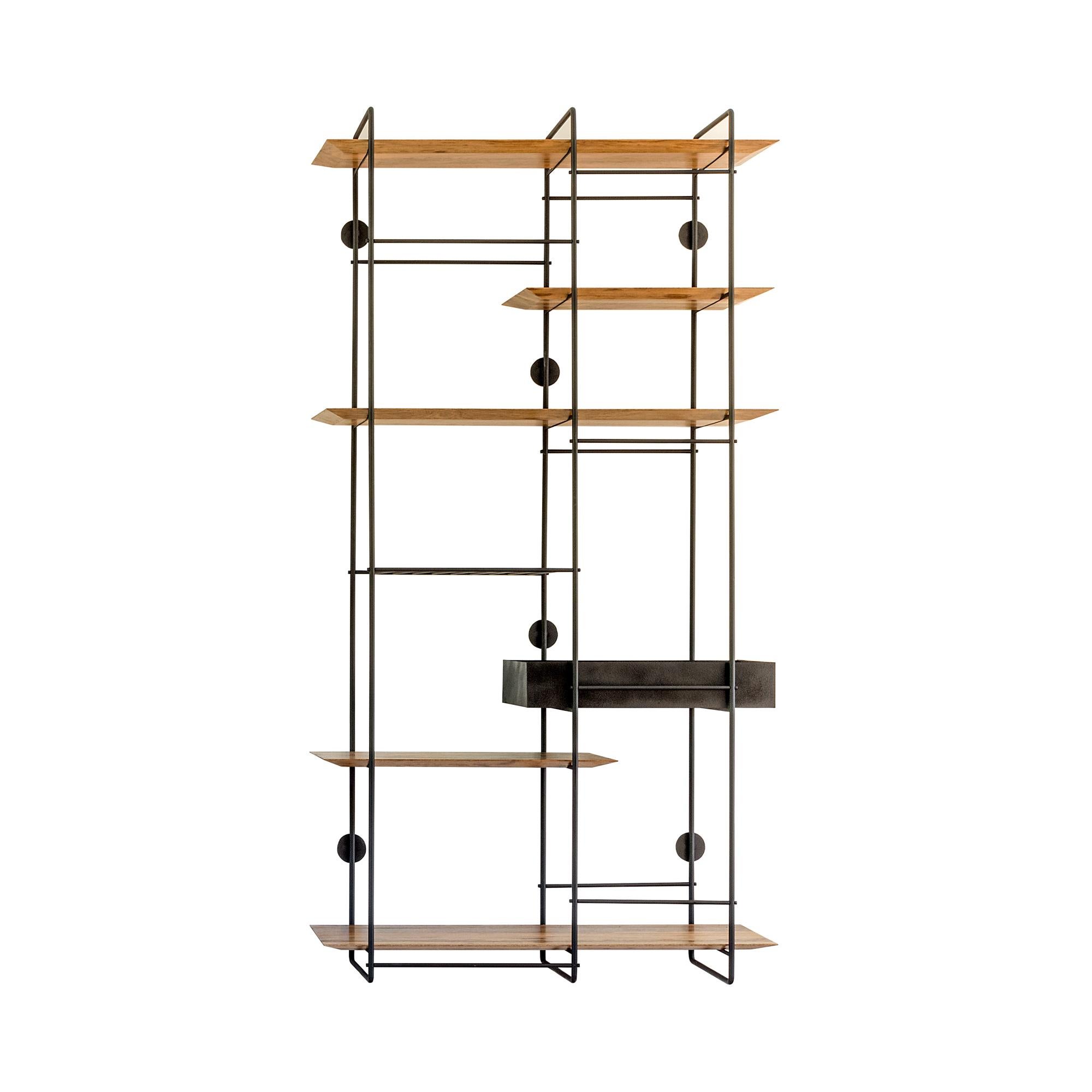 "Dots 5 box" Minimalist Floating Shelf Unit in Stainless Steel and Hardwood For Sale