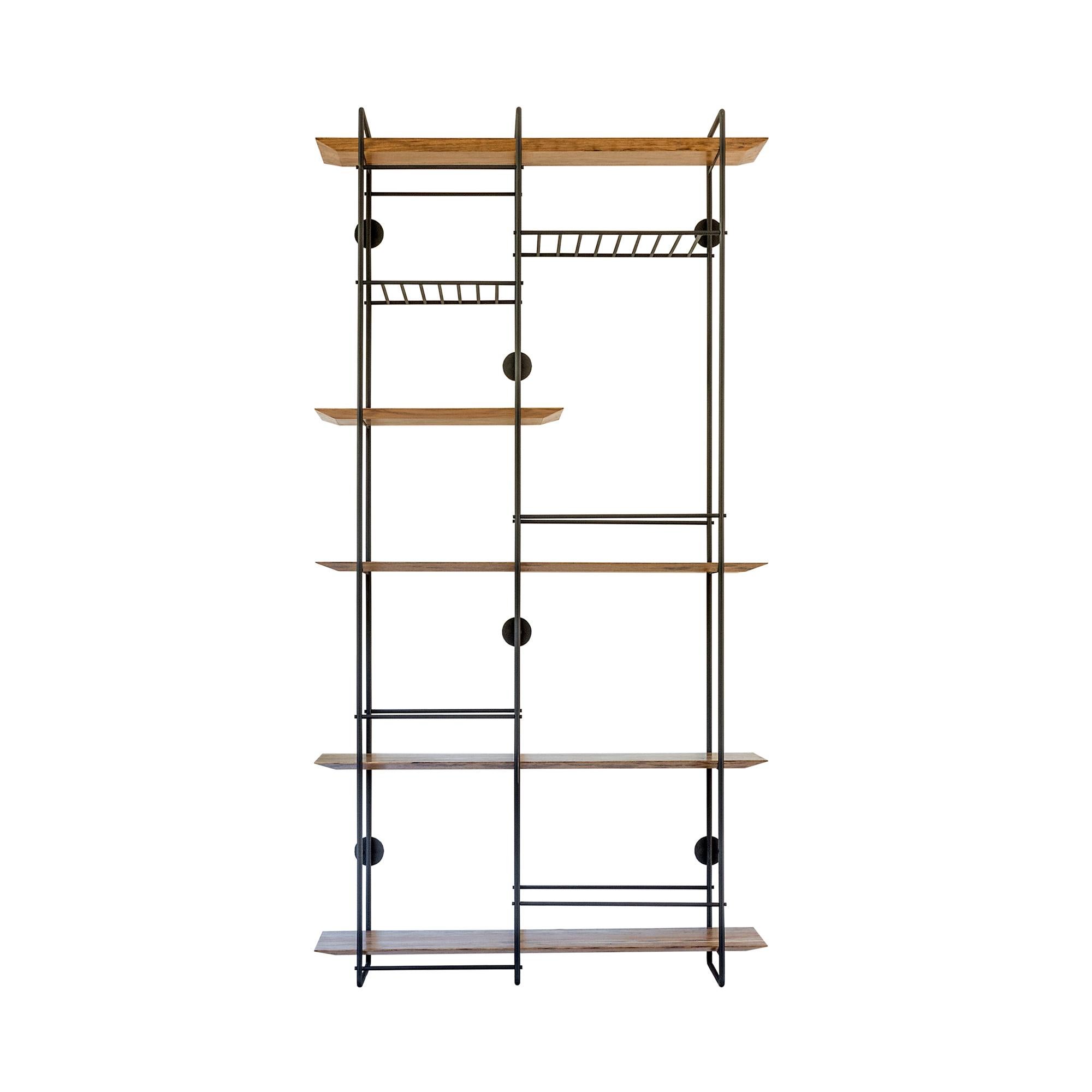 "Dots 5 grid" Minimalist Floating Shelf Unit in Stainless Steel and Hardwood For Sale