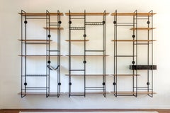 "Dots 5 Leather" Minimalist Floating Shelf Unit in Stainless Steel and Hardwood