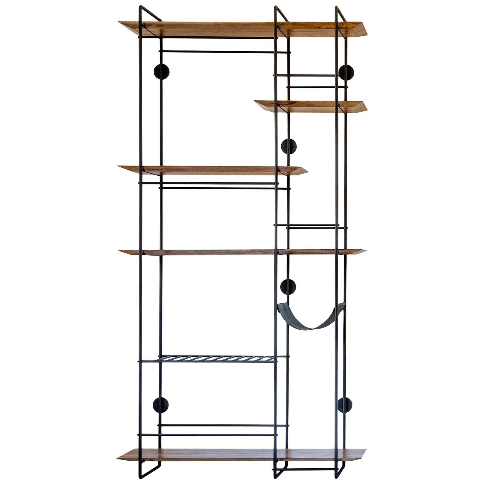 "Dots 5 Leather" Minimalist Floating Shelf Unit in Stainless Steel and Hardwood For Sale