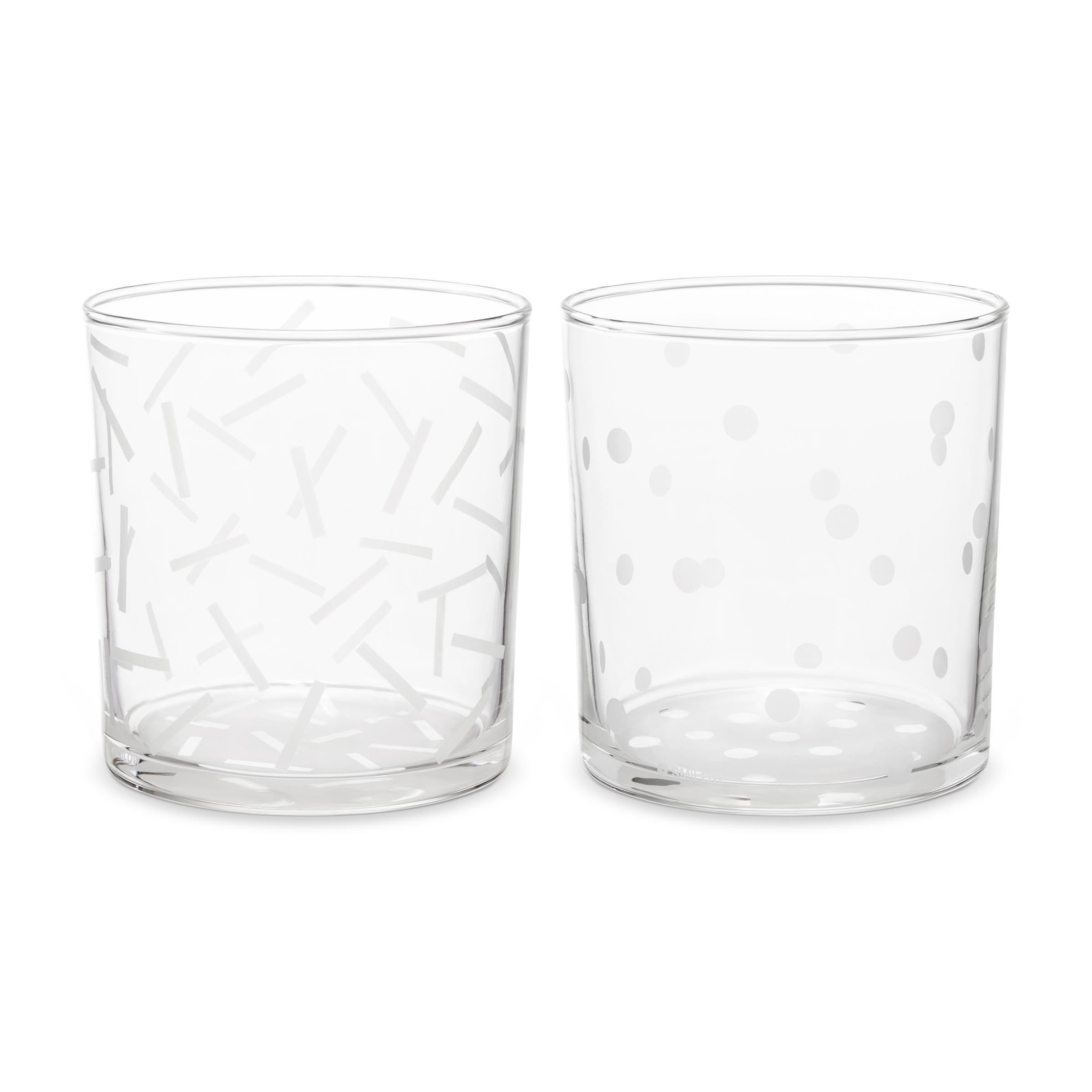 Dots and dashes glasses, set of 6. 3 dots, 3 dashes. 

The dots and dashes glasses are modern, simple, and elegant, durable enough to last a lifetime. These glasses were first shown in Lloyd Herman’s 1990 exhibit and publication “Art that Works,