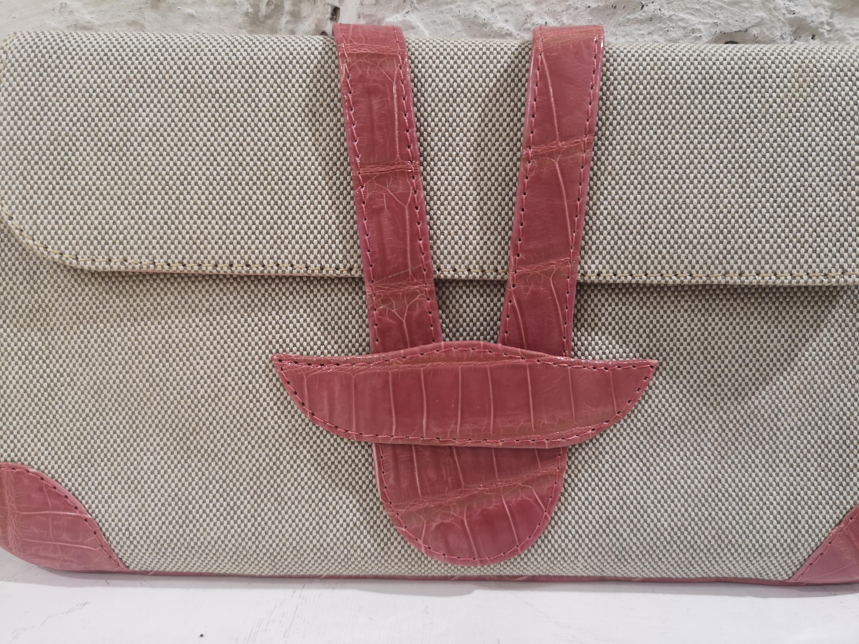 Beige Dotti beige textile and croco print leather clutch For Sale