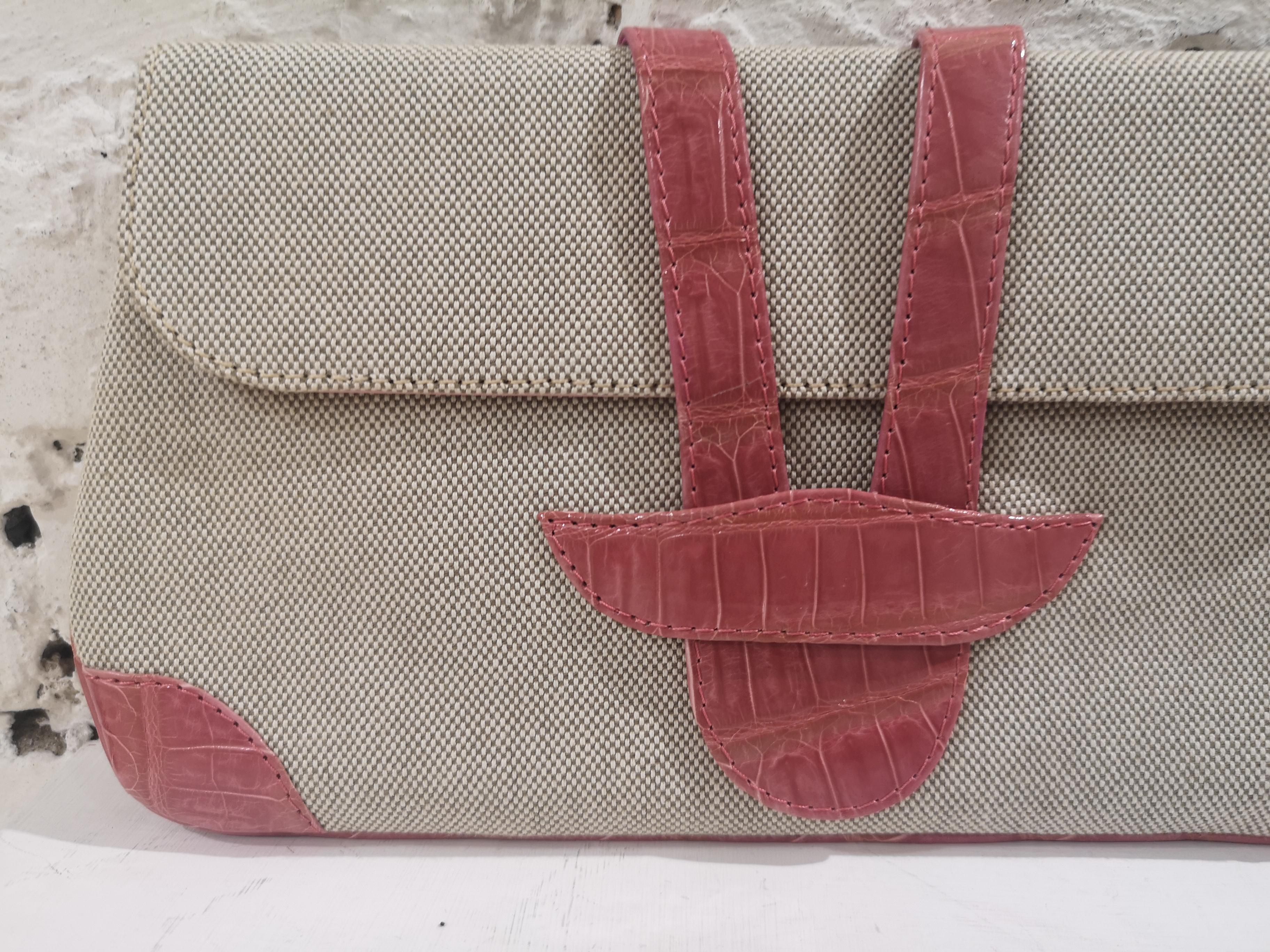 Dotti beige textile and croco print leather clutch In Good Condition For Sale In Capri, IT