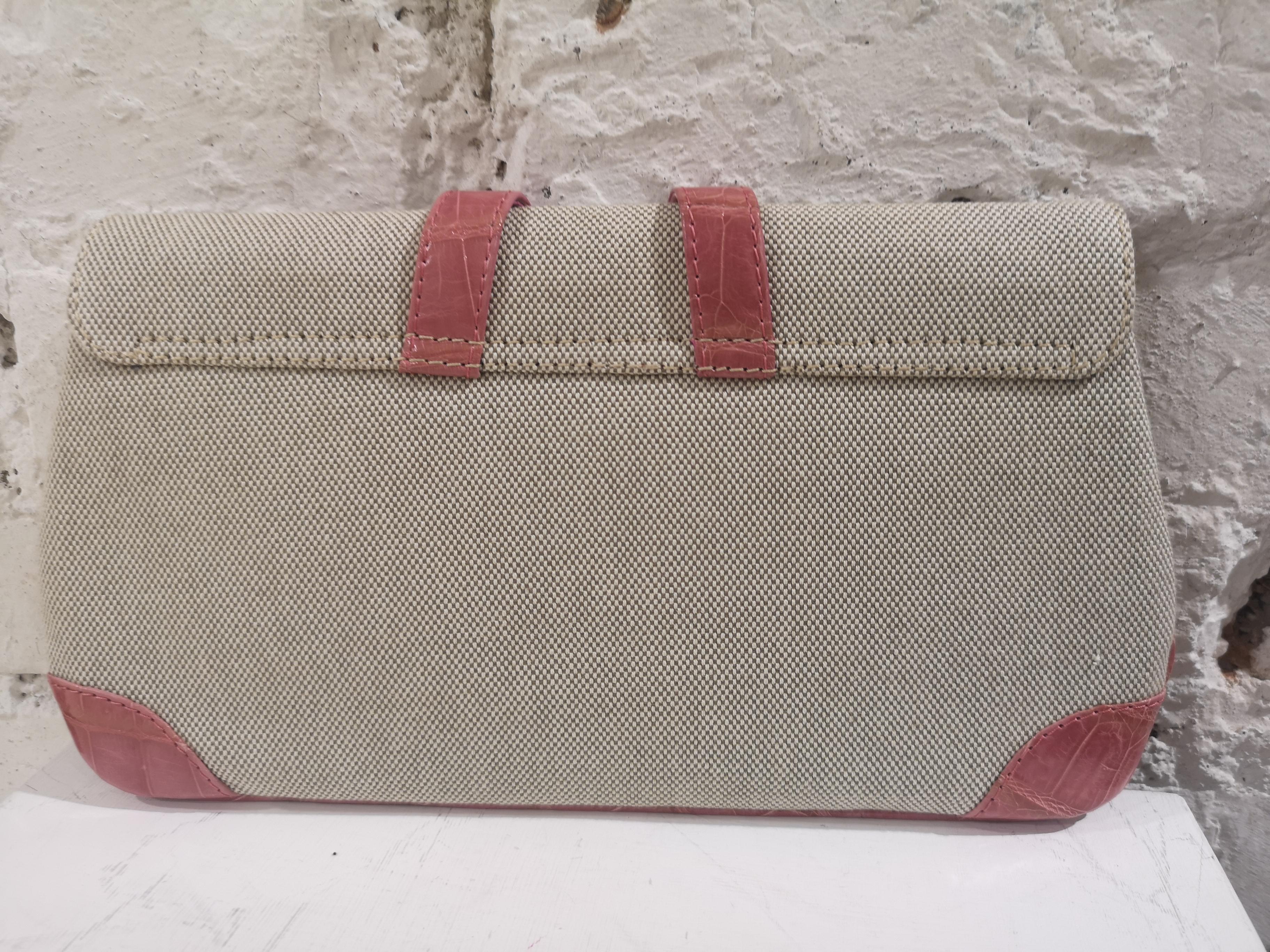 Women's or Men's Dotti beige textile and croco print leather clutch For Sale