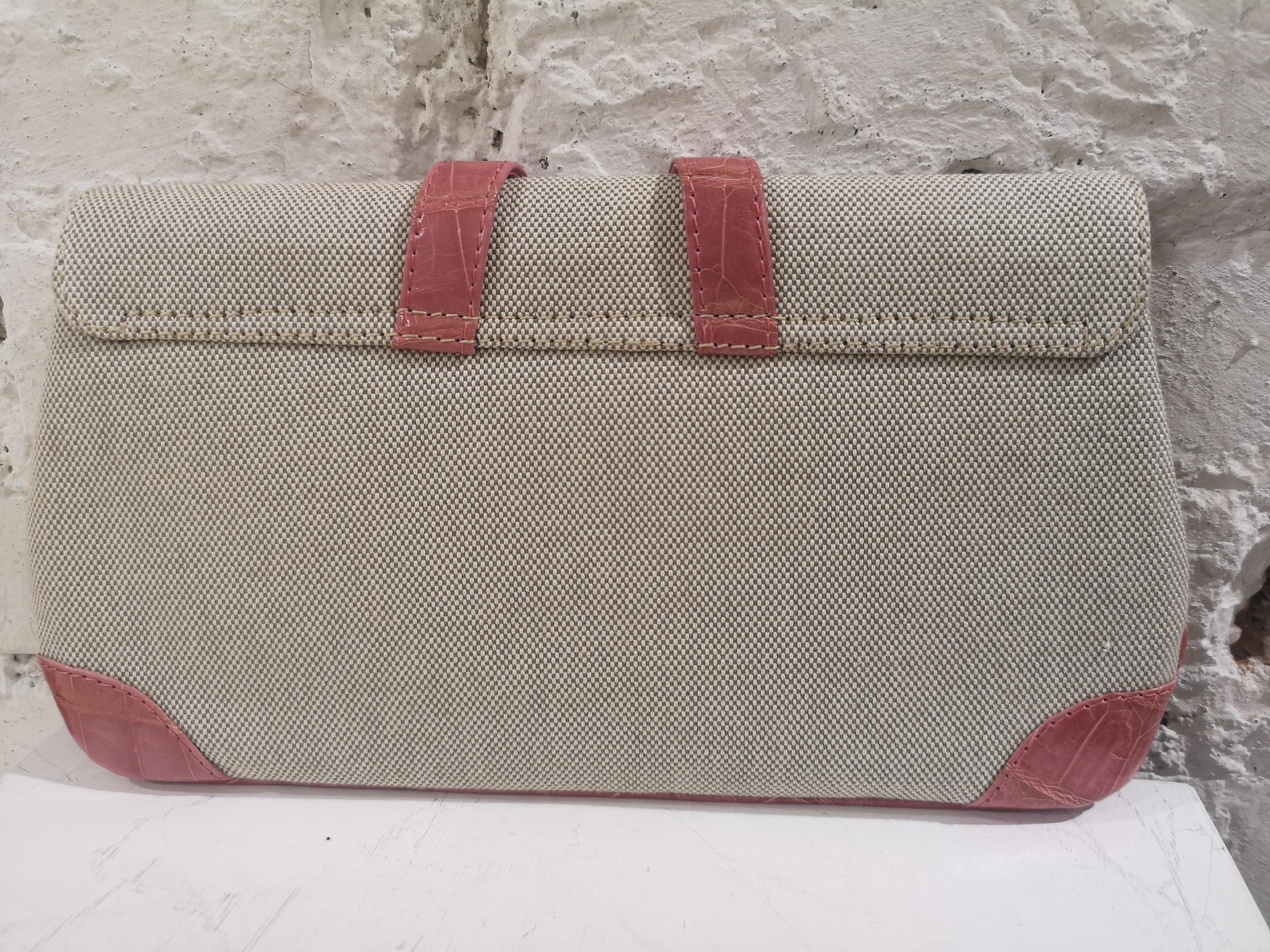 Dotti beige textile and croco print leather clutch For Sale 1