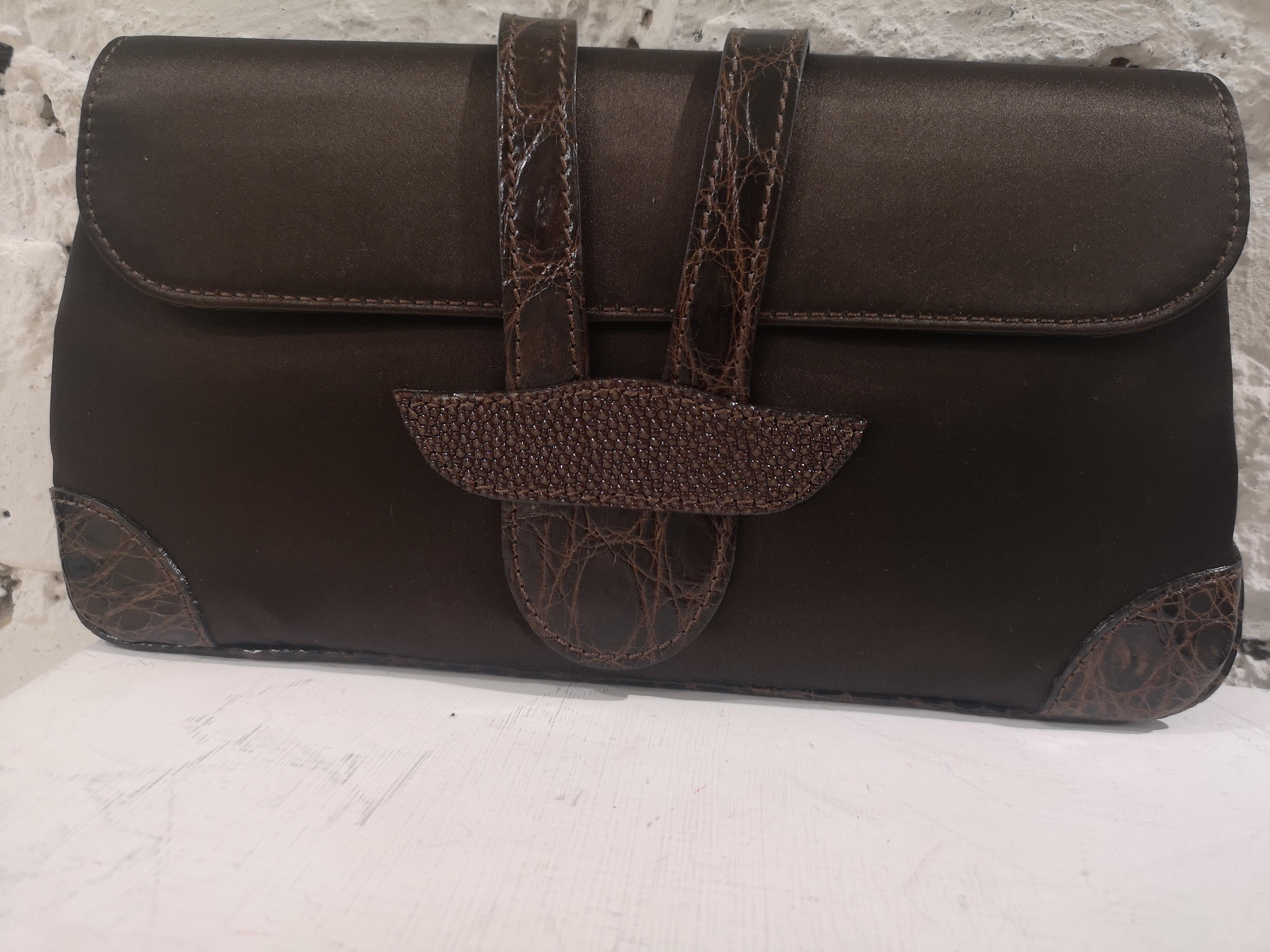 Gray Dotti brown satin and croco print leather clutch 