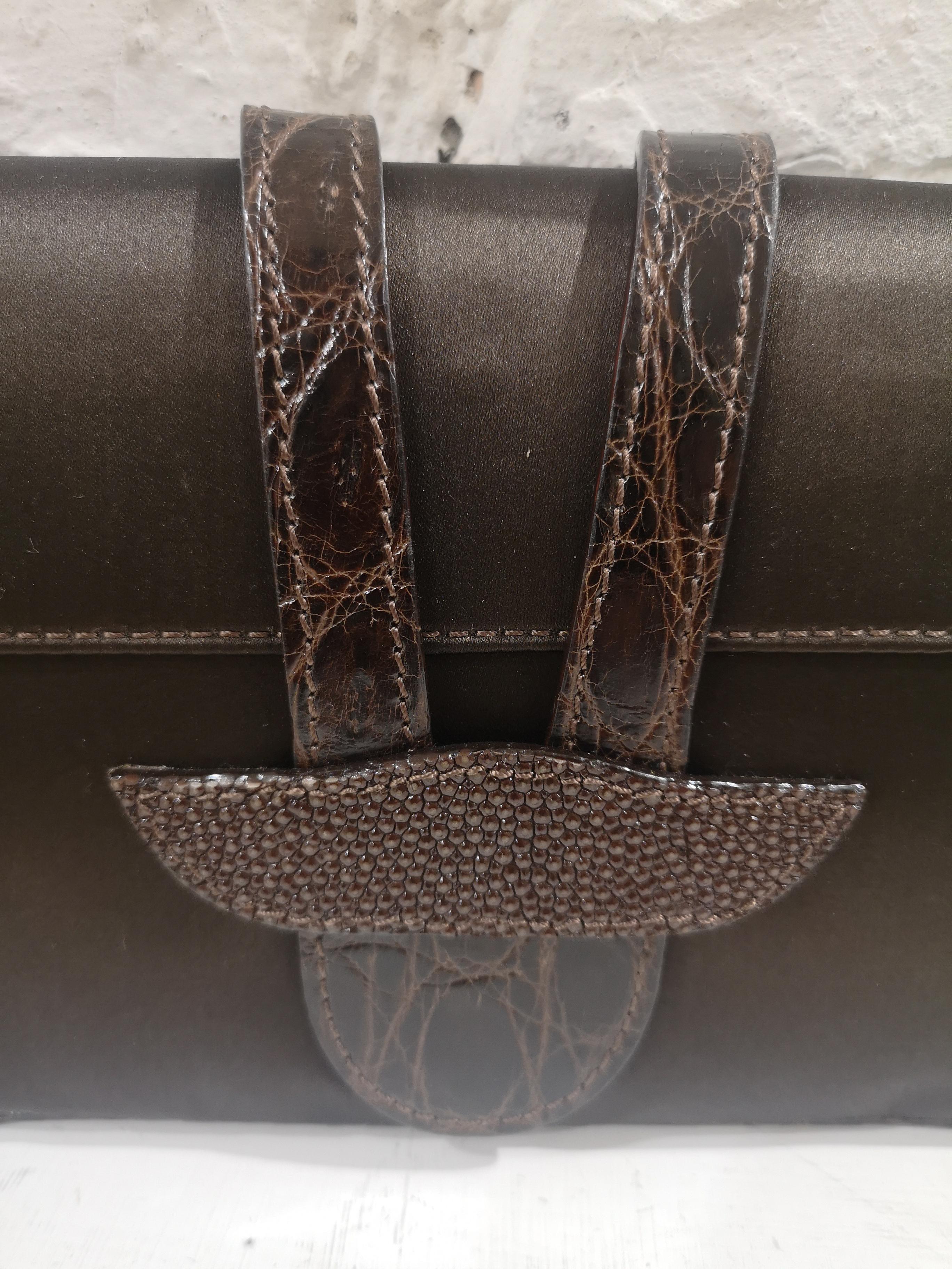 Dotti brown satin and croco print leather clutch  1